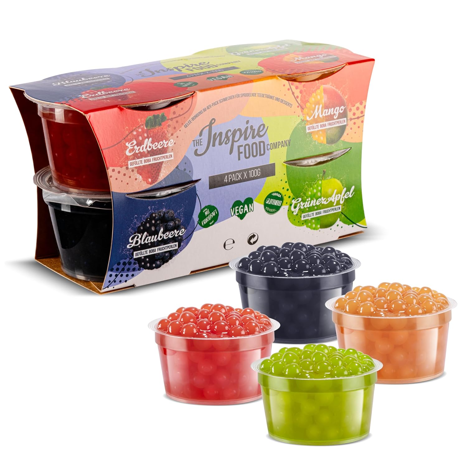 INSPIRE FOOD Bubble Tea Beads Set - Pack of 4 Popping Boba Fruit Pearls Strawberry, Mango, Green Apple, Blueberry, Tapioca Beads, 100% Vegan and Gluten-Free, No Artificial Dye, 100 g Each