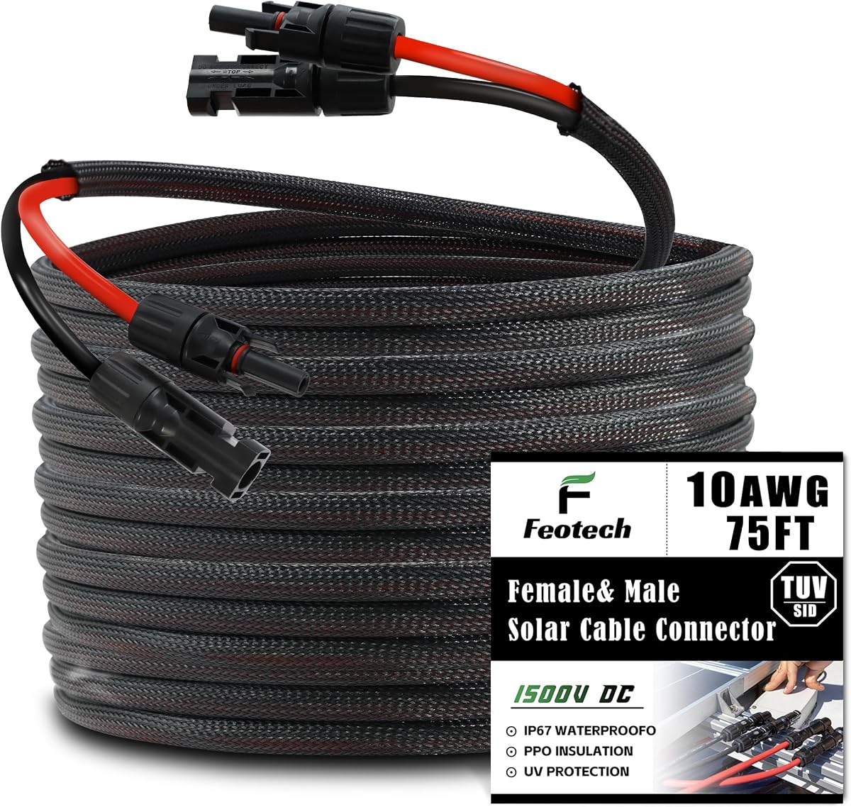 Twin Wire 75FT Solar Extension Cable - 10AWG(6mm²) Solar Panel Connector, with 6 Pairs-IP67-Male/Female Solar connectors for Outdoor Automotive RV Boat Marine Solar Panel- Black & Red