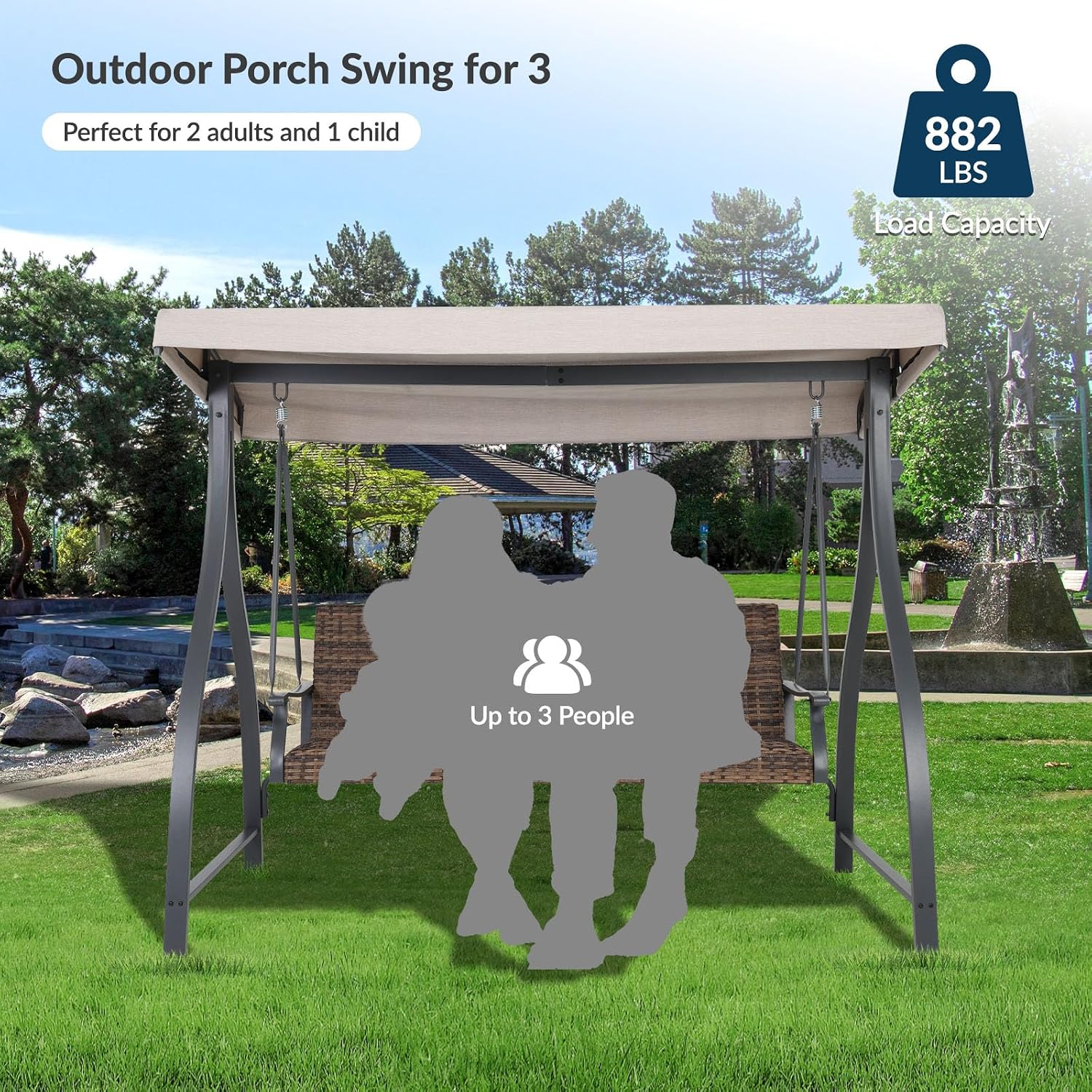 Aoodor 3-Seat Outdoor Rattan Patio Swing with Adjustable Canopy, Quick-Dry Foam & Rust-Resistant Iron Frame, Khaki