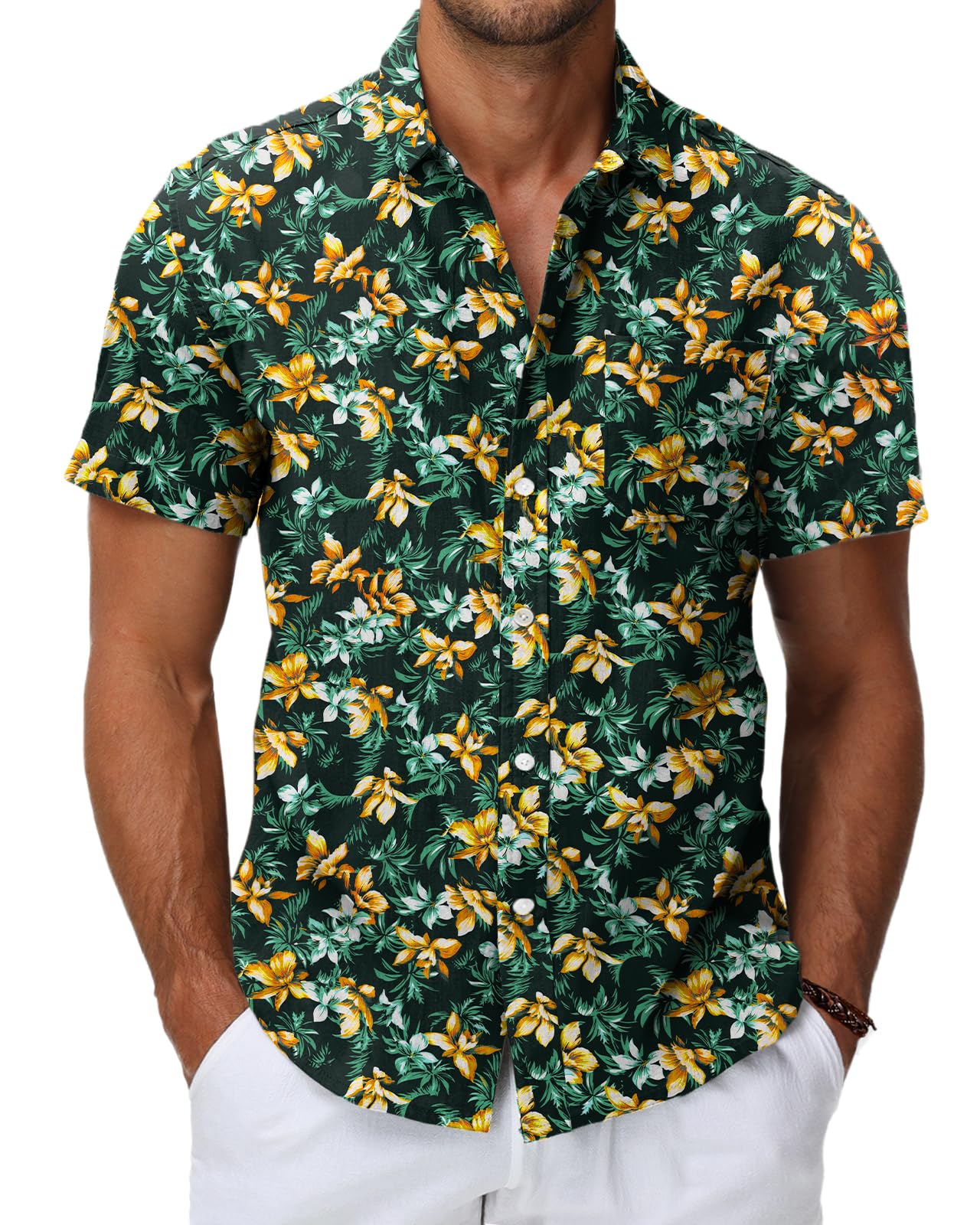 HMIYA Herren Hawaii Hemd Männer 100% Baumwolle Unisex Kurzarm Vordertasche Button Down Sommer Freizeit Urlaub Strand