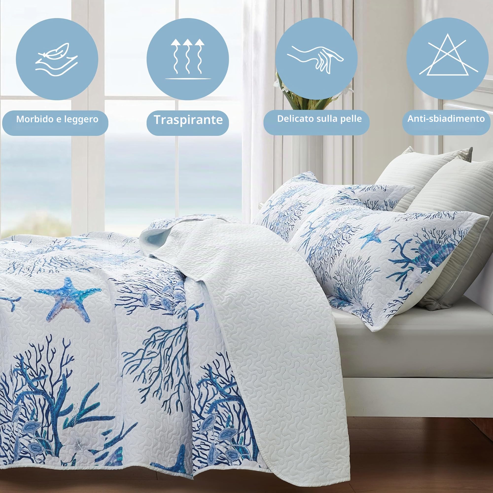 Set di biancheria da letto stile costiero, per letto king size, trapunta con 2 federe, motivo nautico, oceano, fantasia con stelle marine blu (Starfish), copriletto estivo, 244 x 269 cm
