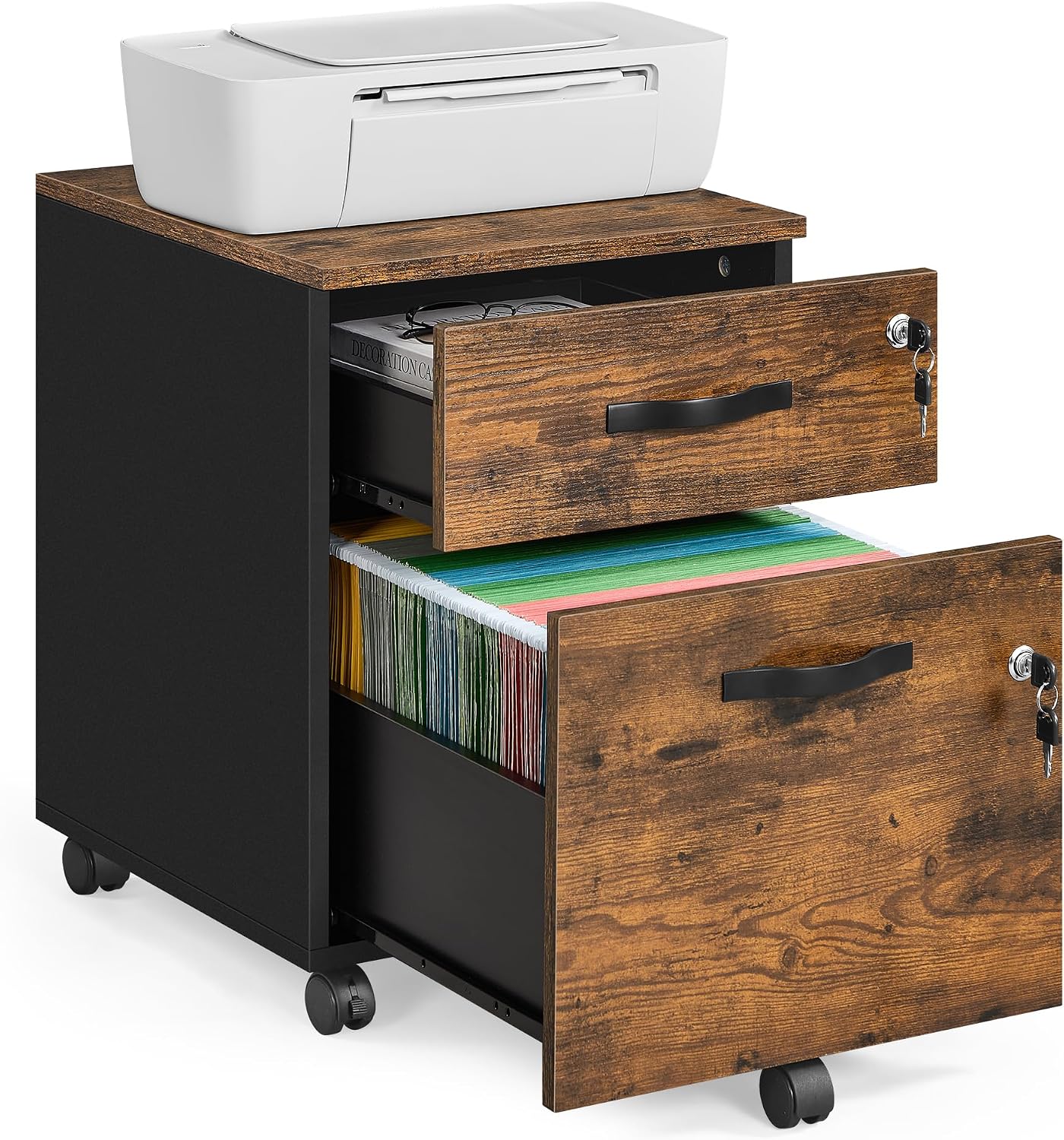 VASAGLE Rolling Filing Cabinet, Lockable File Cabinet with 2 Drawers, 5 Castors, Adjustable Hanging Rail, for A4, Letter Size Files, Rustic Brown and Ink Black LCD022K01