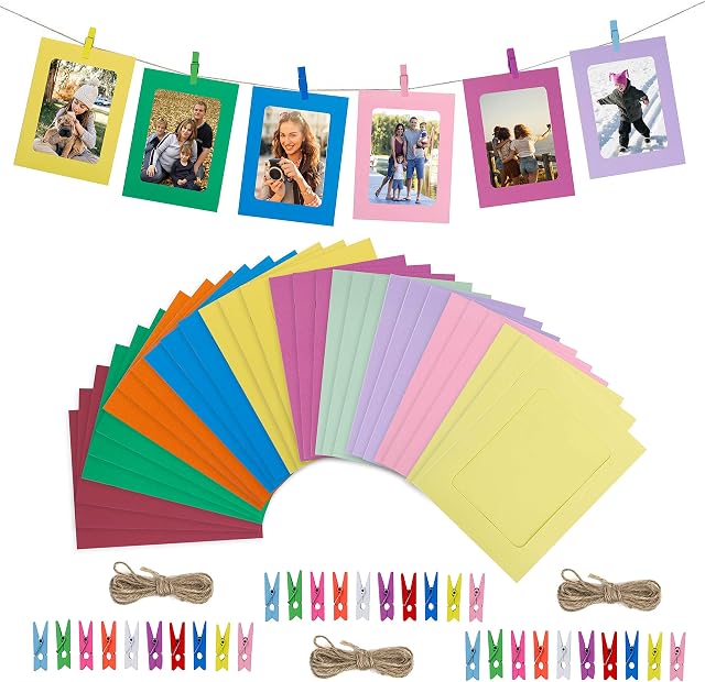 HONGXIN-SHOP Paper Photo Frame 30 Pcs DIY Creative Retro Kraft Paper Picture Mats Hanging Album Frame with Mini Clips and Hemp Ropes for Home Dorm Office 6 inch 10 Colors