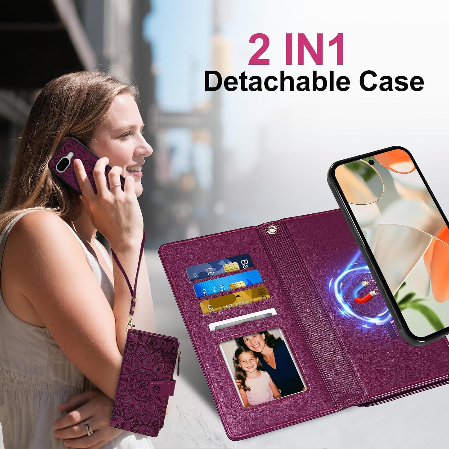 Harryshell 2 in 1 for Google Pixel 9A Wallet Case Magnetic Compatible with Magsafe RFID Blocking Card Holder Detachable Phone Cover Zipper Purse Kickstand Wrist Strap for Men Women Floral Burgundy