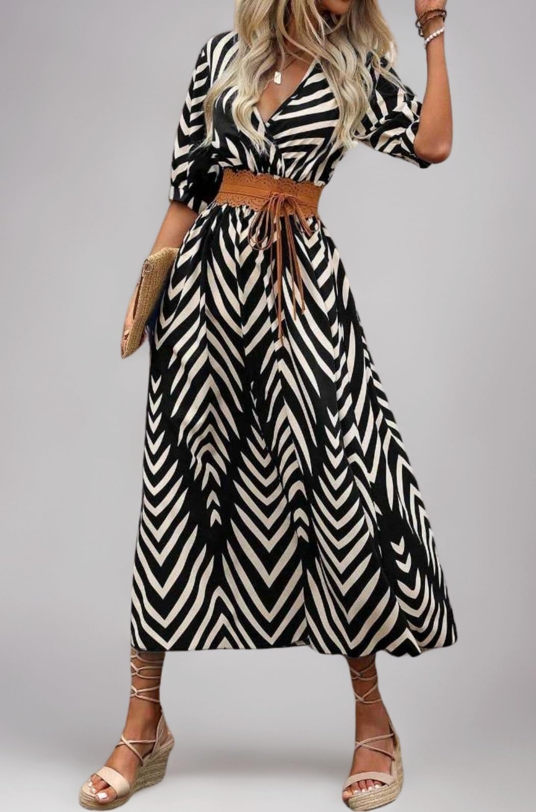 Women's V-Neck Slit Maxi Dress Printed Boho Style, Short Sleeve, Tie Waist, Summer Casual Outfit