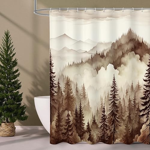 Miniatura 7 de Cortina de ducha azul marino con bosque de pinos brumosos, cortinas de ducha con paisaje de bosque brumoso de montaña, cortinas de ducha para baño
