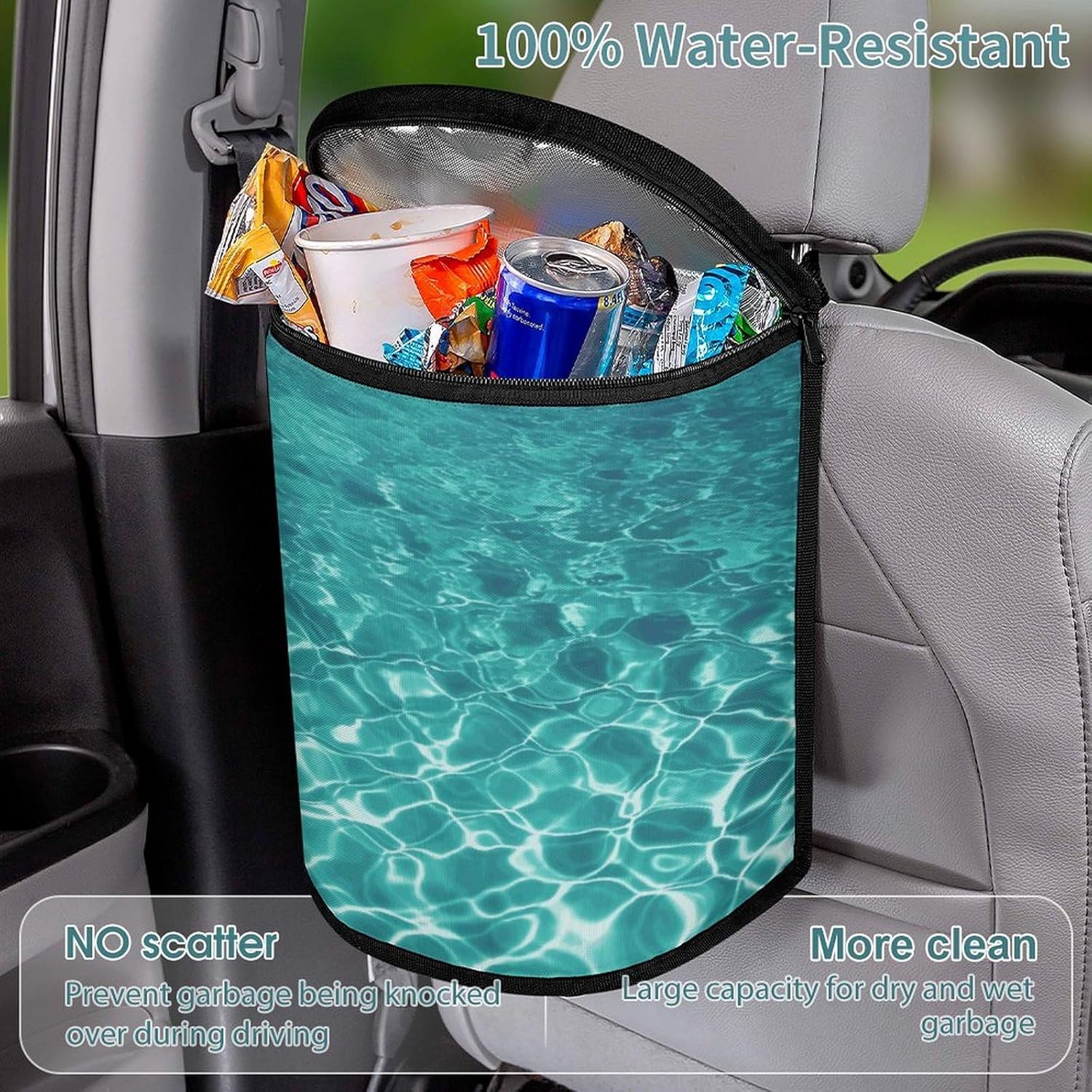 MUSM Leakproof Car Trash Can 2.5 Gallon, Durable Automotive Garbage Bag with Waterproof Liner, Blue Aqua Pool Water Trash Bag for Car, Truck, RV & Bathroom
