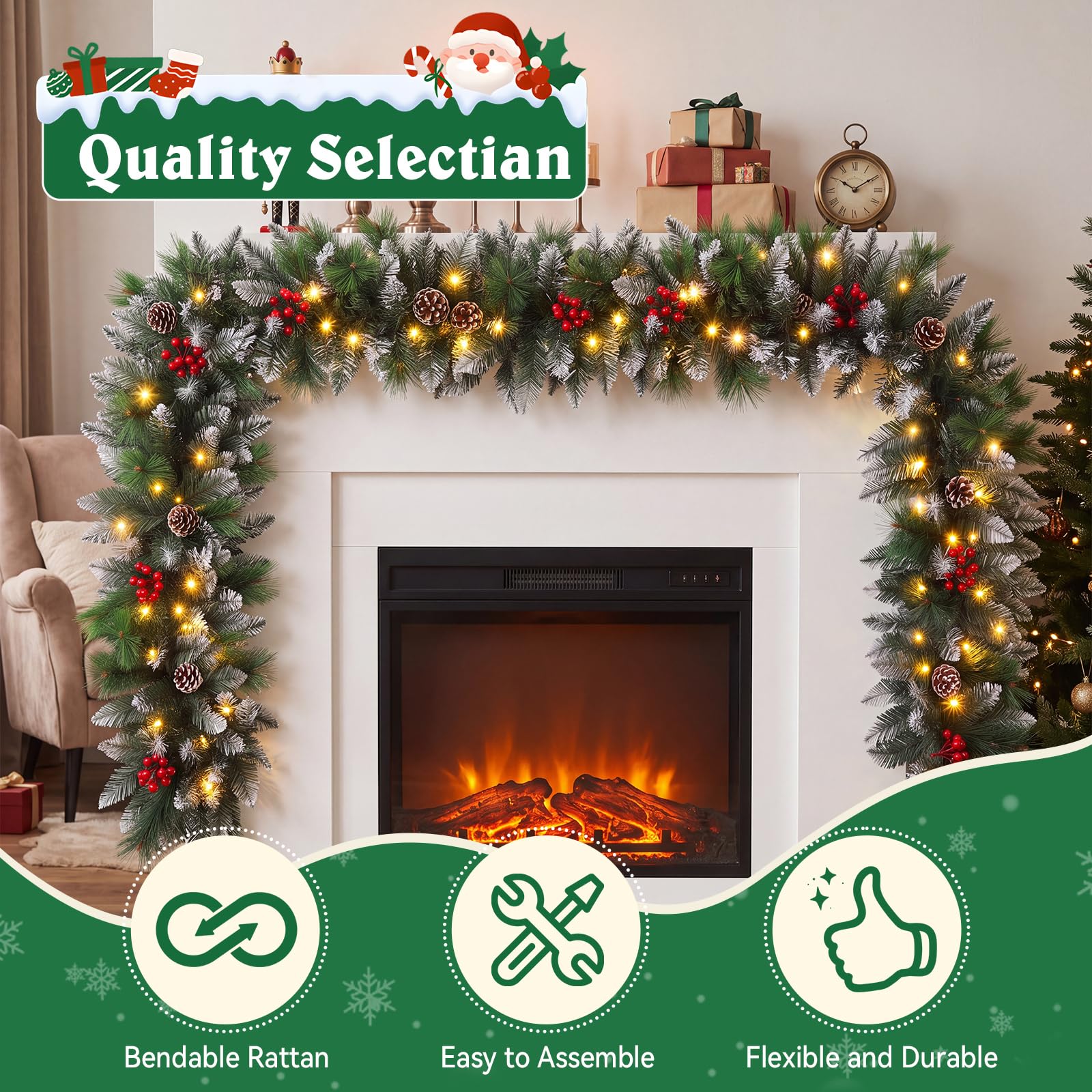 SHAVINGFUN Guirnalda Navideña de 9 Pies, Ratán Verde con Decoraciones de Flores Rojas para Escaleras del Hogar, Chimenea, Decoración Navideña para Interiores y Exteriores con Luces LED