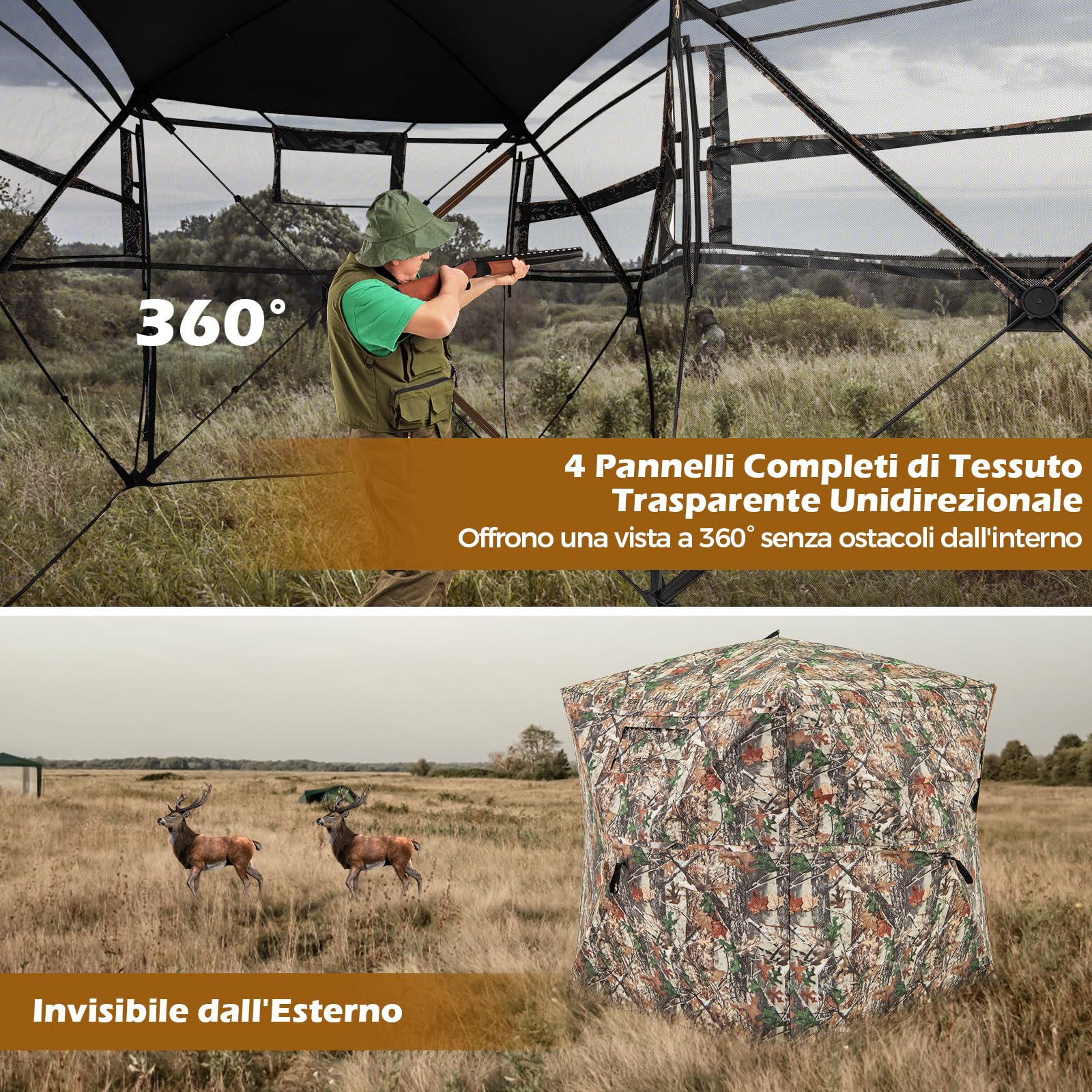 COSTWAY Tenda da Caccia per 2-3 Persone, Tenda Mimetica a Visione a 360° per Caccia, Tenda Pop-Up Camouflage con Borsa da Trasporto, Apribile Completamente da 1 Lato, 148 x 148 x 170 cm