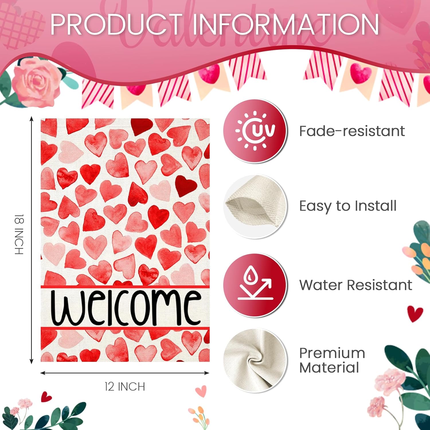 Welcome Love Hearts Garden Flags for Outside Decoration, Valentines Love Hearts Small Yard Flag, Anniversary Wedding Seasonal Farmhouse Holiday Outdoor Decor 12x18 Inch Vertical Double Sided - Image 6