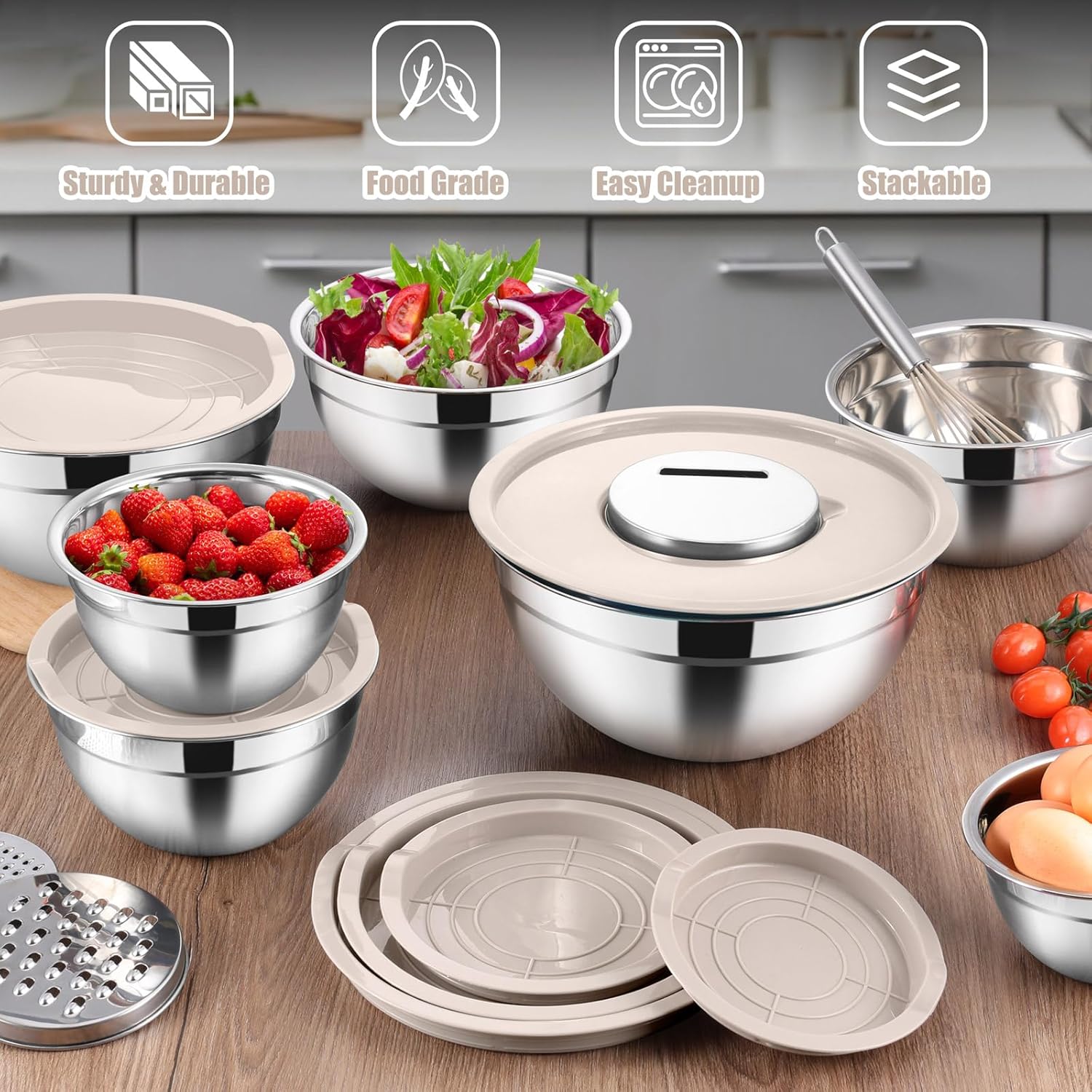 Vesteel 35PCS Mixing Bowls with Lids Set, Stainless Steel Nesting Salad Prep Bowls Attach with 3 Graters & Kitchen Utensils for Mixing Serving Grating, Size 4.5/3.5/3/2.5/1.5/1.2/0.7 QT, Khaki
