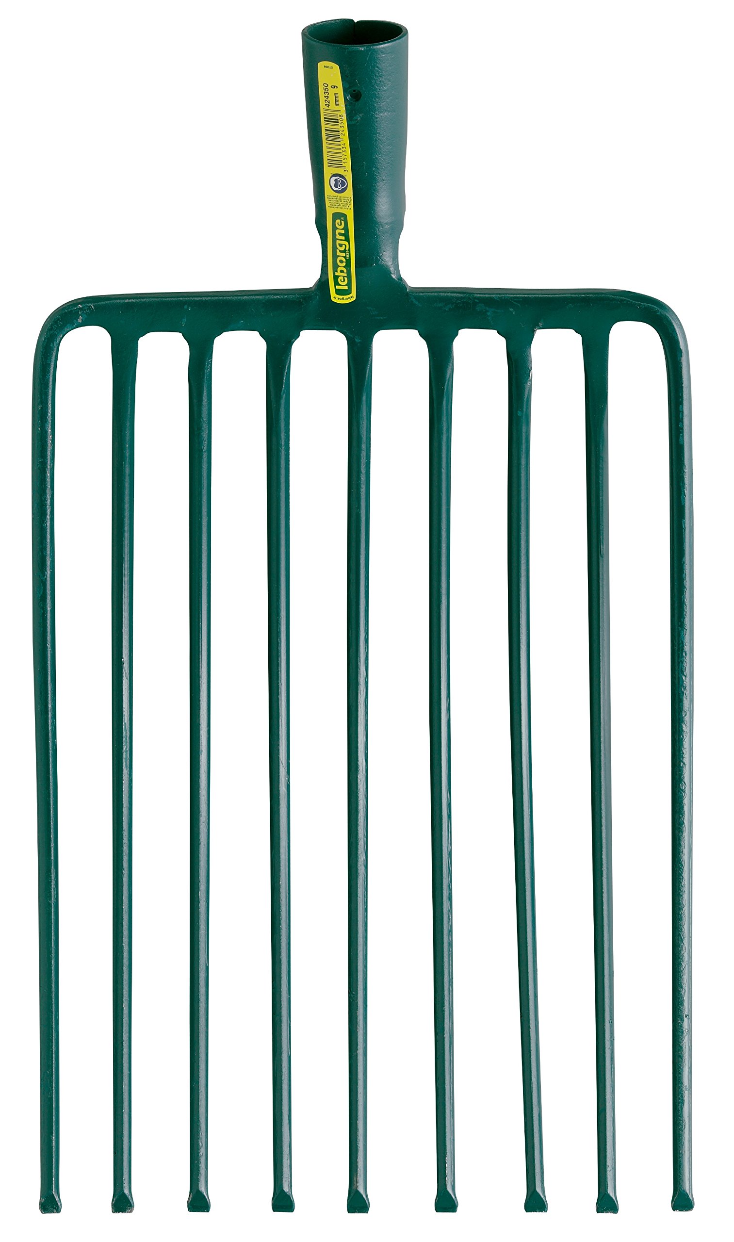 LEBORGNE - Fourche Cailloux Douille 9 Dents - Acier Forgé et Trempé - Dents Extérieures Surélevées - Sans Manche - Largeur 26 cm - Pour Foin et Déchets Végétaux - Jardinage Professionnel