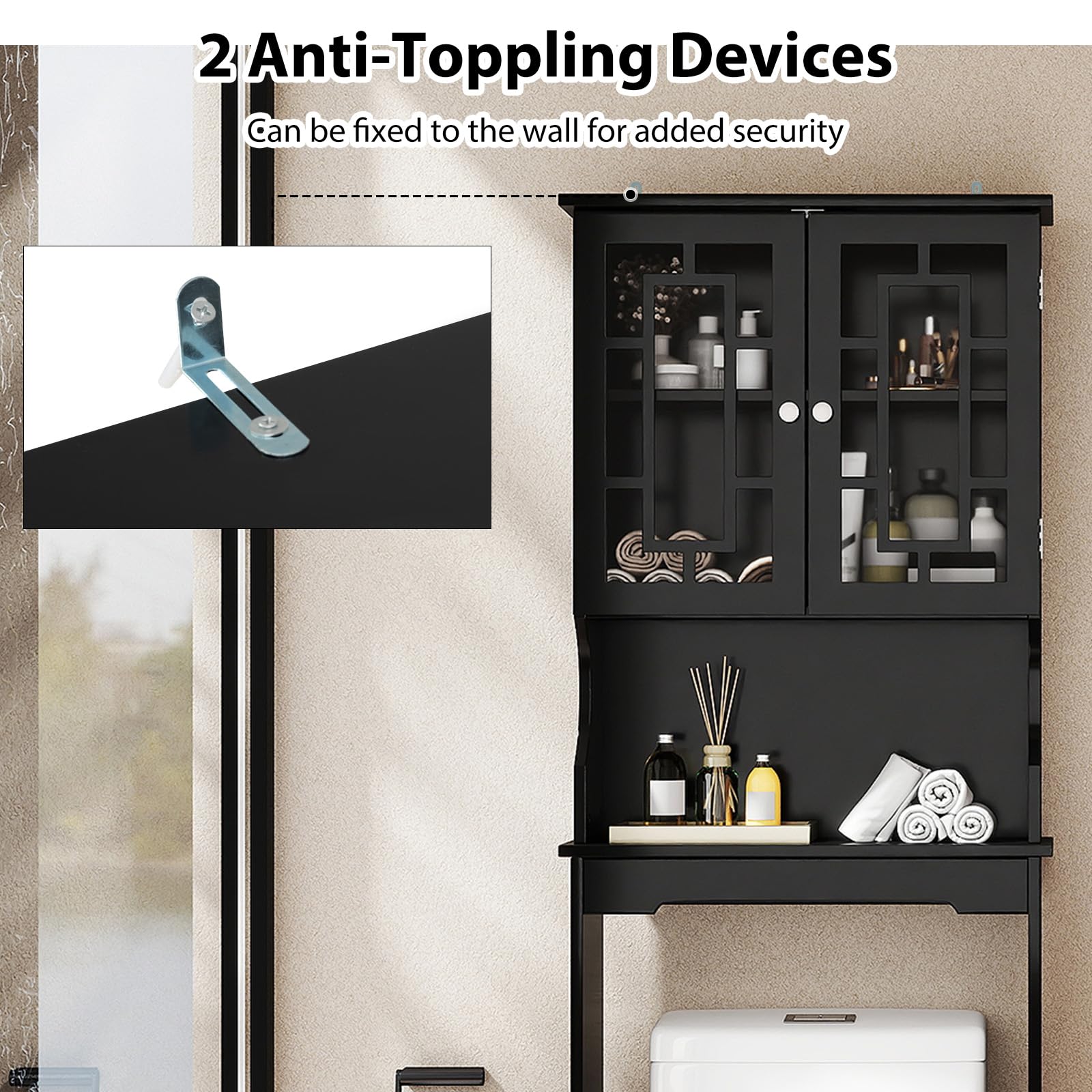 LIFEZEAL Étagère de toilettes, à 3 étages réglables en hauteur, gain de place, en bois, armoire de machine à laver, avec compartiments ouverts, 60 x 22 x 170,5 cm (noir)