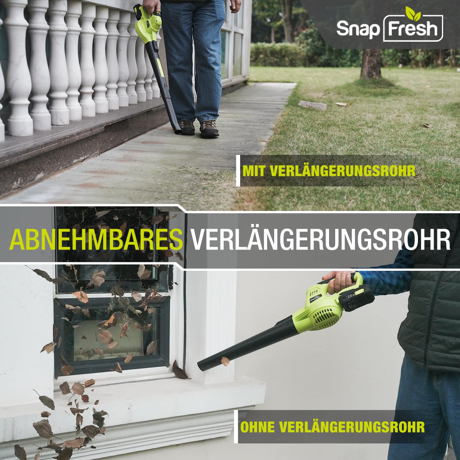 SnapFresh Laubbläser Akku-Laubbläser Kabelloser 20V 210 km/h 240m³/h / 2-Luftgeschwindigkeit/mit Akku und Ladegerät/Leicht Kompakte 1,2kg für Garten Hof Rasenpflege (Grün)