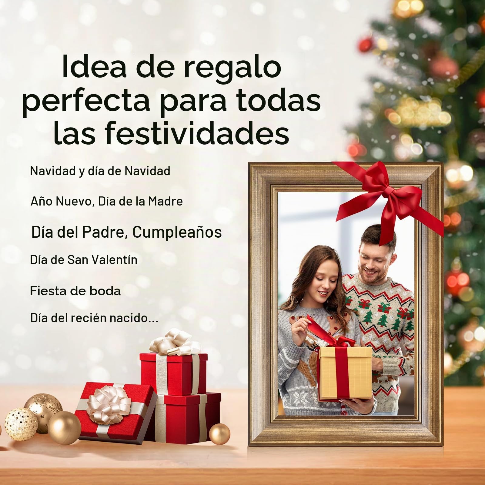 Marco de Fotos Digital WiFi Marco Digital de Foto de 10 Plgadas, IPS HD Pantalla Táctil, Smart Madera Marco para Fotos Electronico de 16GB Memoria, Auto-Rotación, Comparte Fotos/Videos Via App