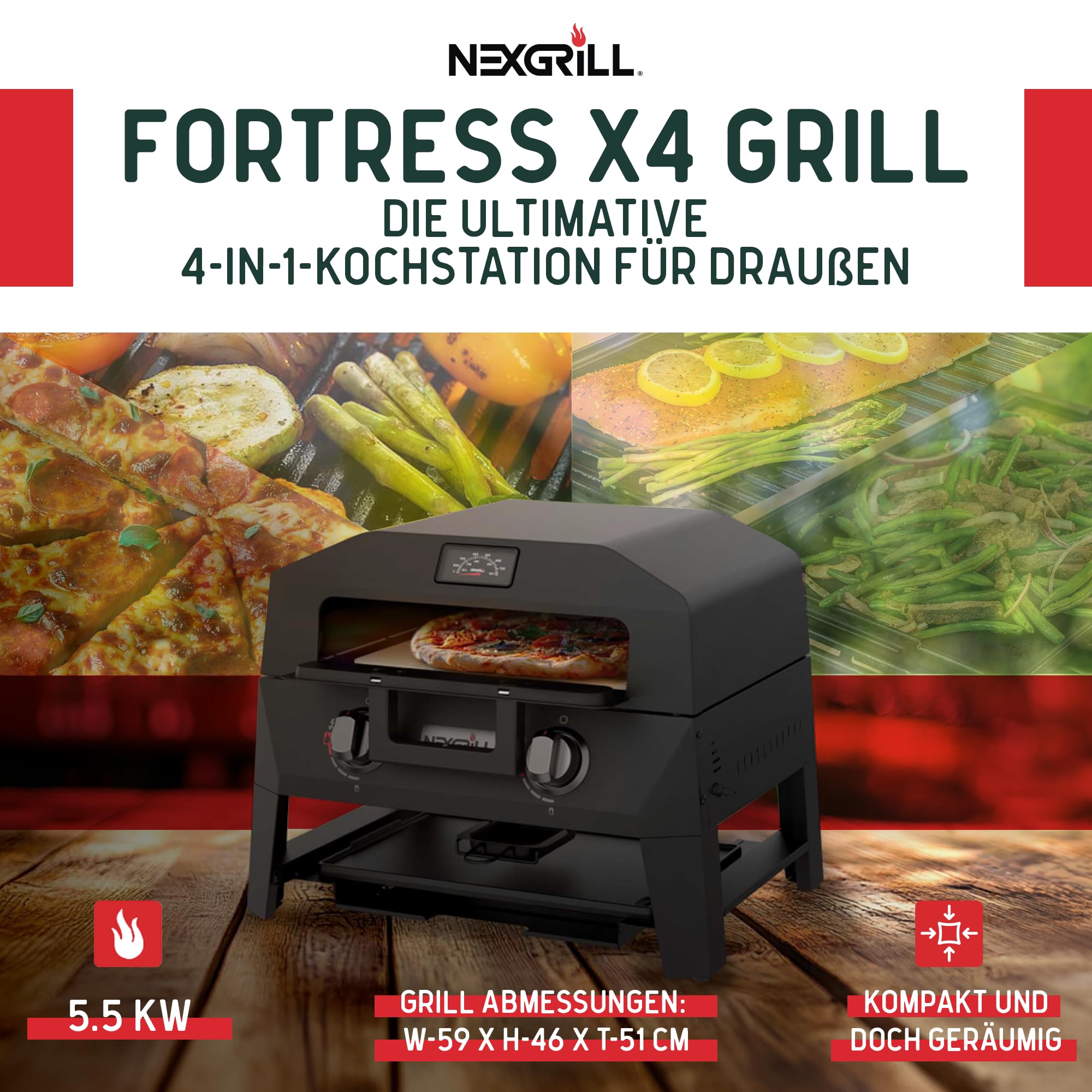 Nexgrill 4-in-1 Gasgrill/Tischgrill mit 2 Brennern, Pizzaofen-Funktion, Cordierit-Pizzastein & Wende-Grillplatte – Kompakter Outdoorgrill aus Stahl mit Stauraum für Zubehör