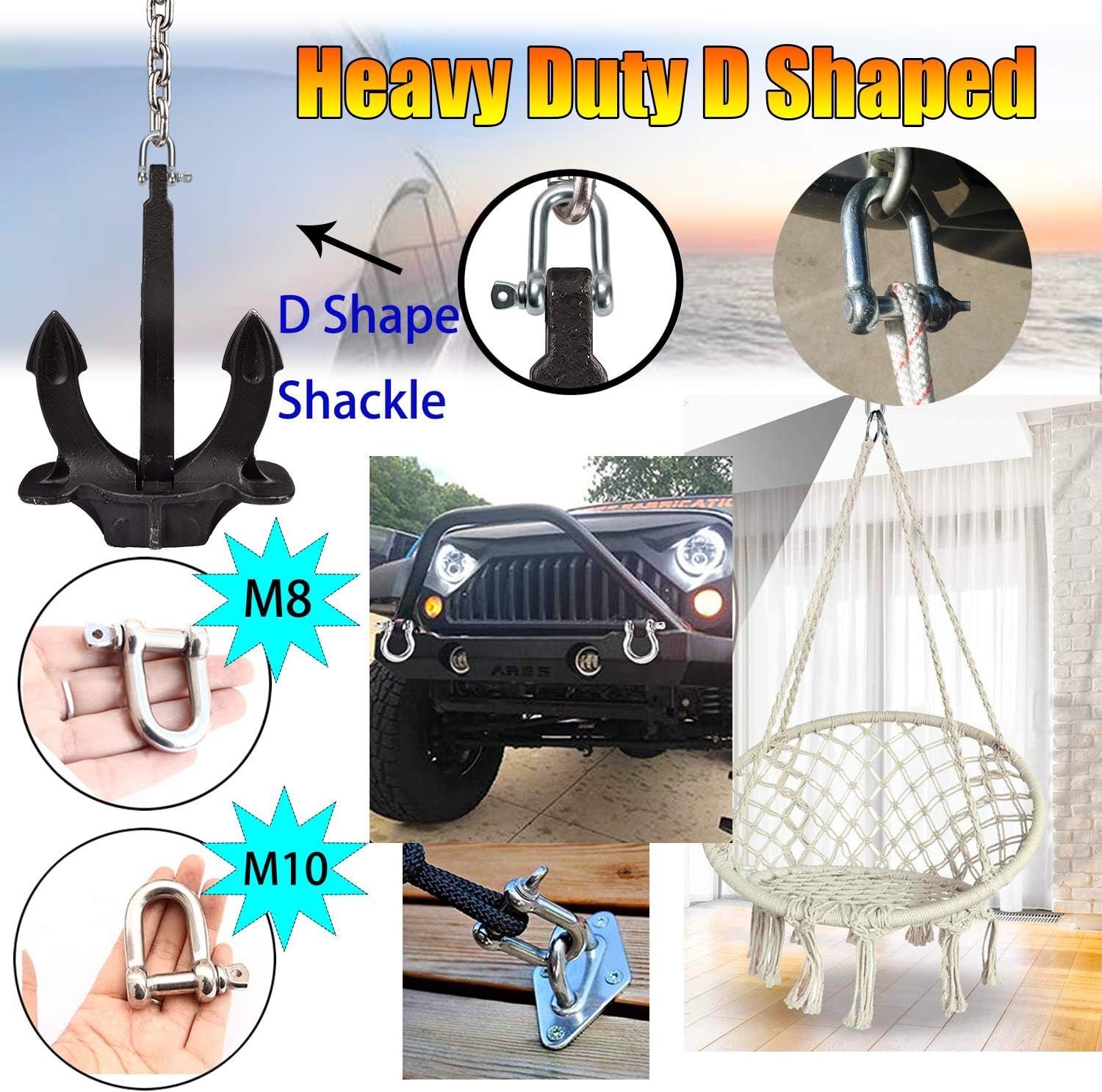 Stainless Steel 304 D Shape Shackle 5/32", 1/4", 5/16",3/8", 9/16", for Chains Wirerope Lifting Outdoor Camping Survival Rope Bracelets Or for Heavy Duty Construction - Image 5