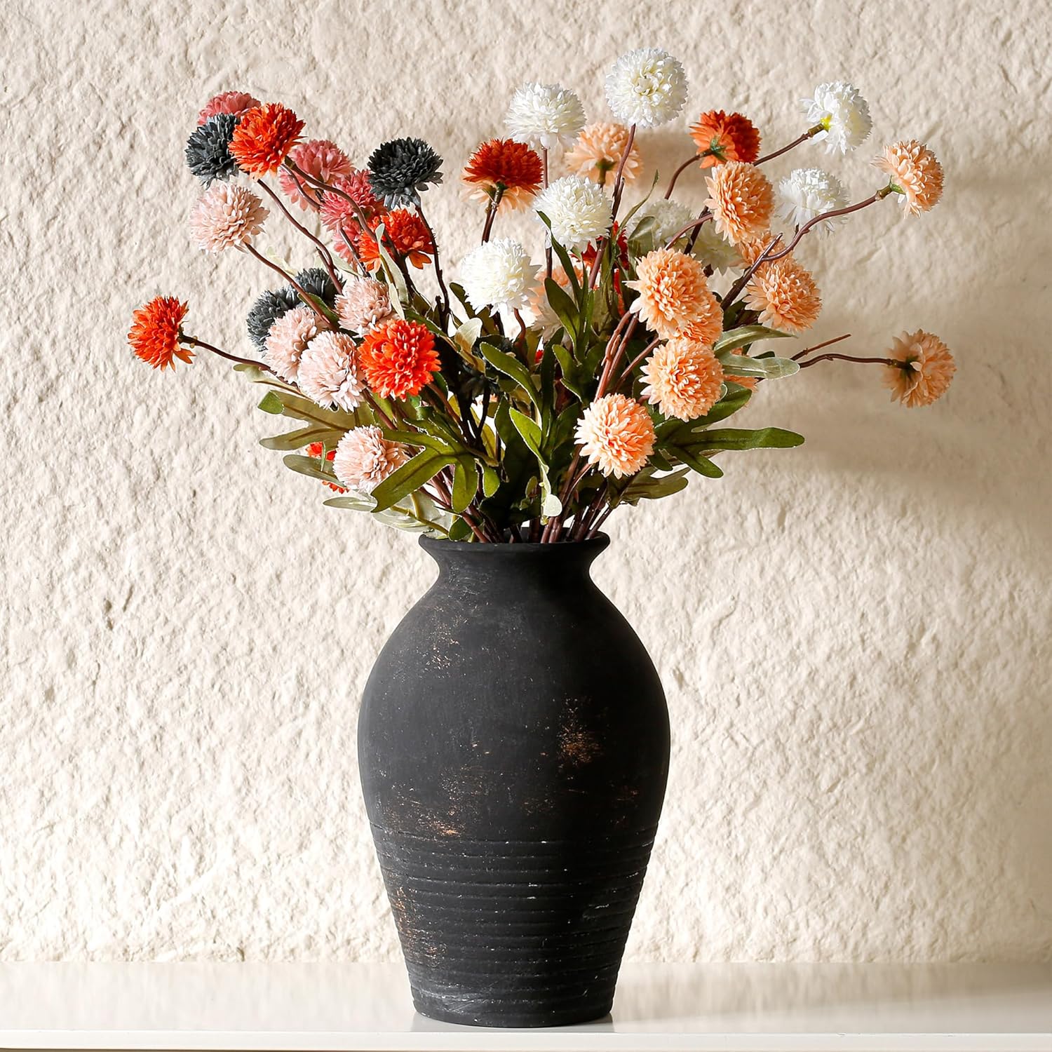 Black Ceramic Flower Vase, 9.17 Inch Pottery Rustic Vase for Shelf,Tabletop, Vintage Farmhouse Home Decor for Coffee Table, Living Room,Mantle, Fireplace, Entryway