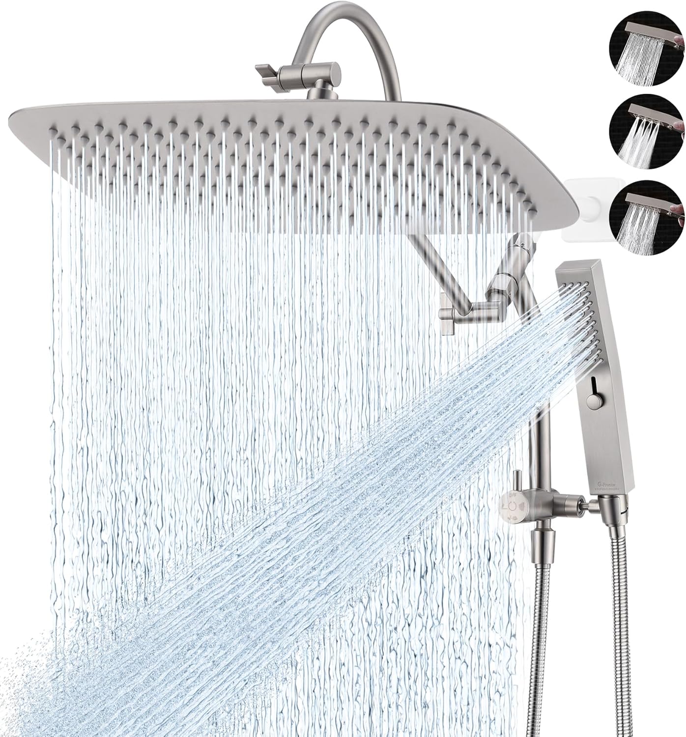 G-Promise All Metal 16 Inch Shower Head with Massage Mode Handheld, Rain Shower Head with Handheld Spray Combo, 3-Way Diverter with Pause Setting, 13 Inch Adjustable Extension Arm (Brushed Nickel)