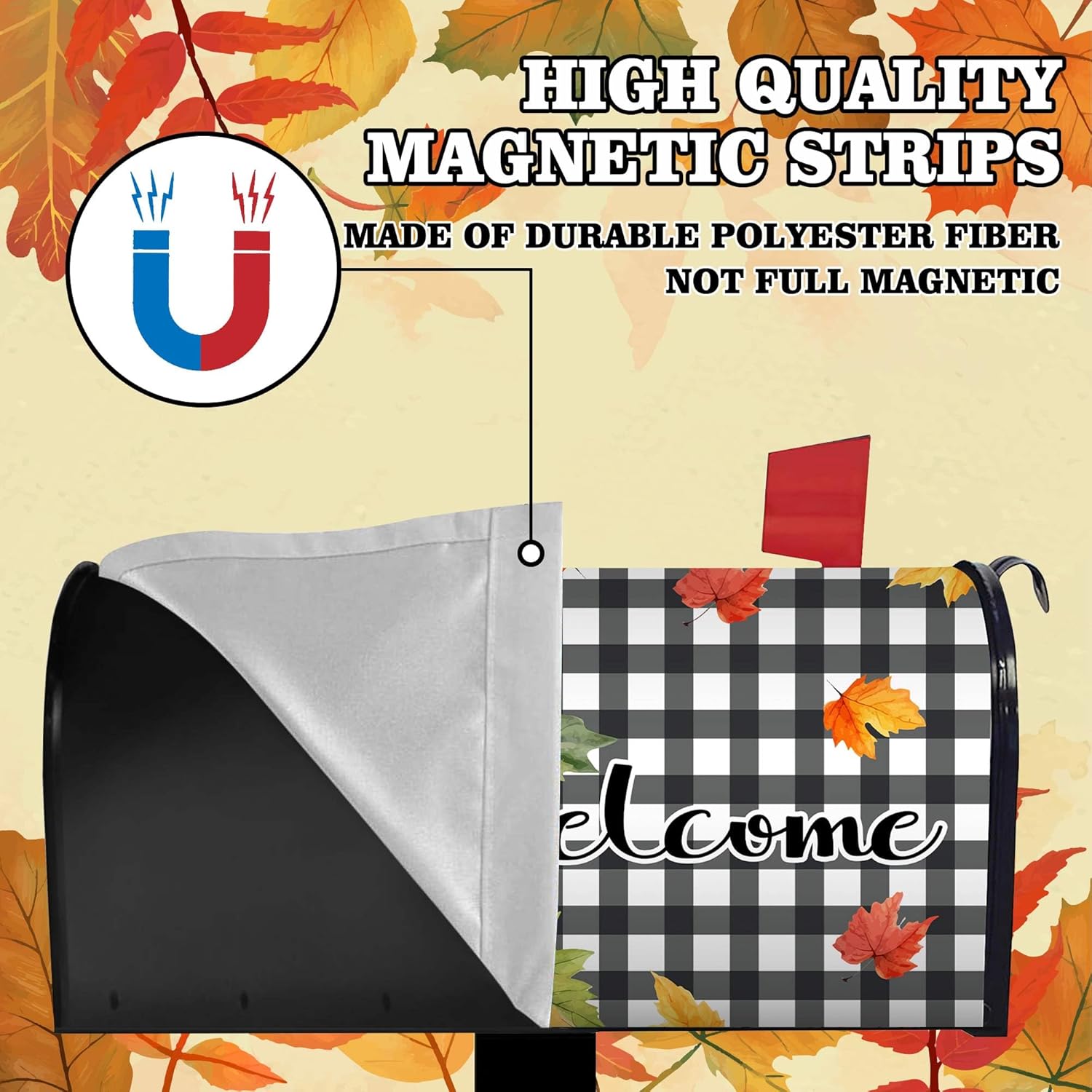 Welcome Fall Pumpkin Maple Leaf Magnetic Mailbox Cover Standard Size 18" x 21" - Thanksgiving Autumn Harvest Buffalo Plaid for Home Garden Yard Post Letter Box