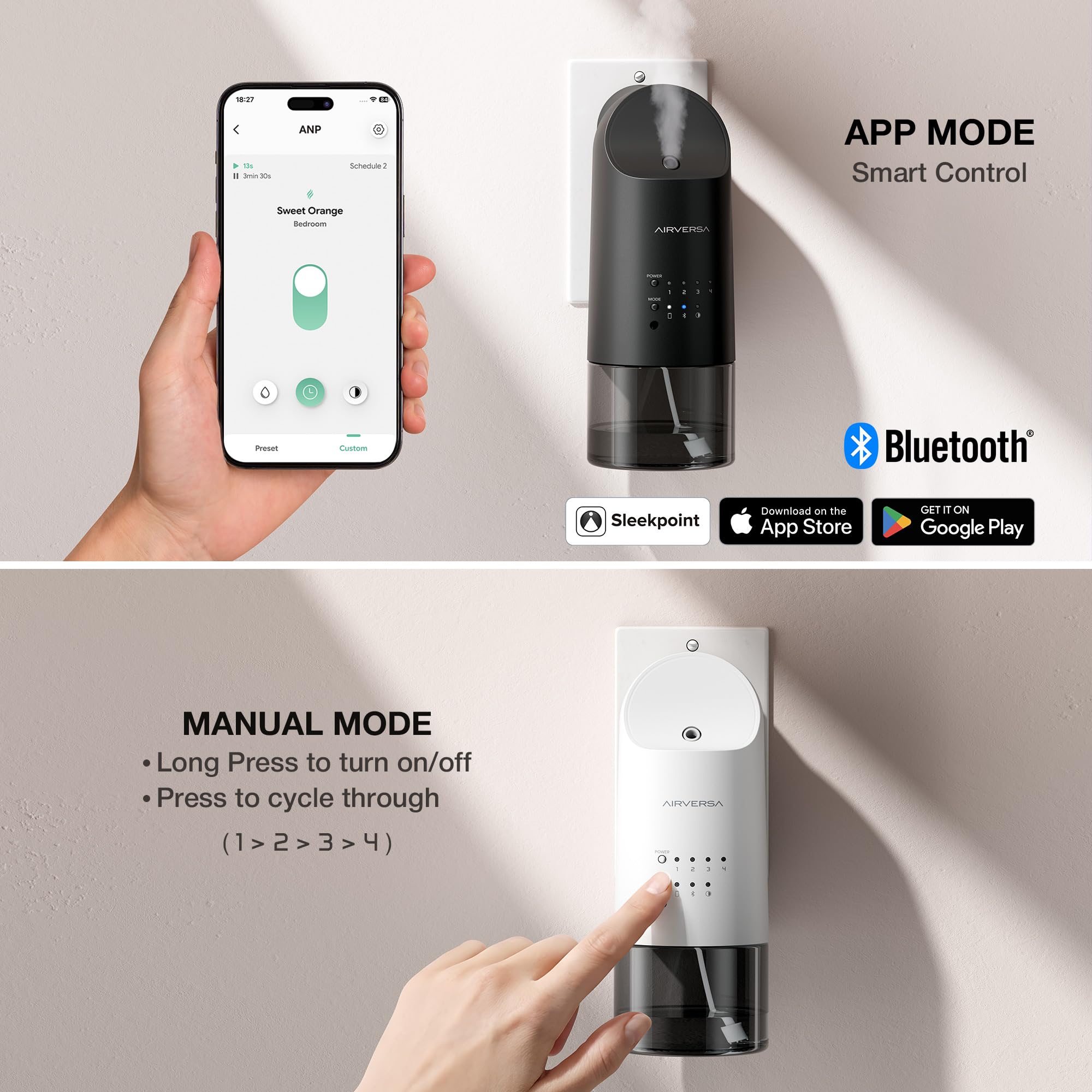Airversa Smart wasserloser Steckdosen Diffusor für ätherische Öle, 160 ml, App- und Tastensteuerung, für Räume bis zu 74 m², ideal für Zuhause, Zimmer, Spa, Büro, Studio, ANP