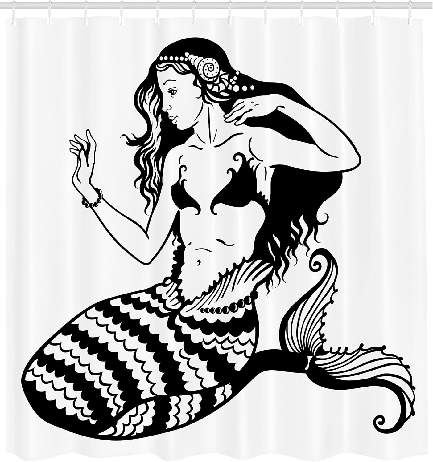 Ambesonne Underwater Shower Curtain, Mermaid Mythological Young Girl Fish Tail Monochrome Classic Style Art, Cloth Fabric Bathroom Decor Set with Hooks, 69" W x 70" L, White and Black