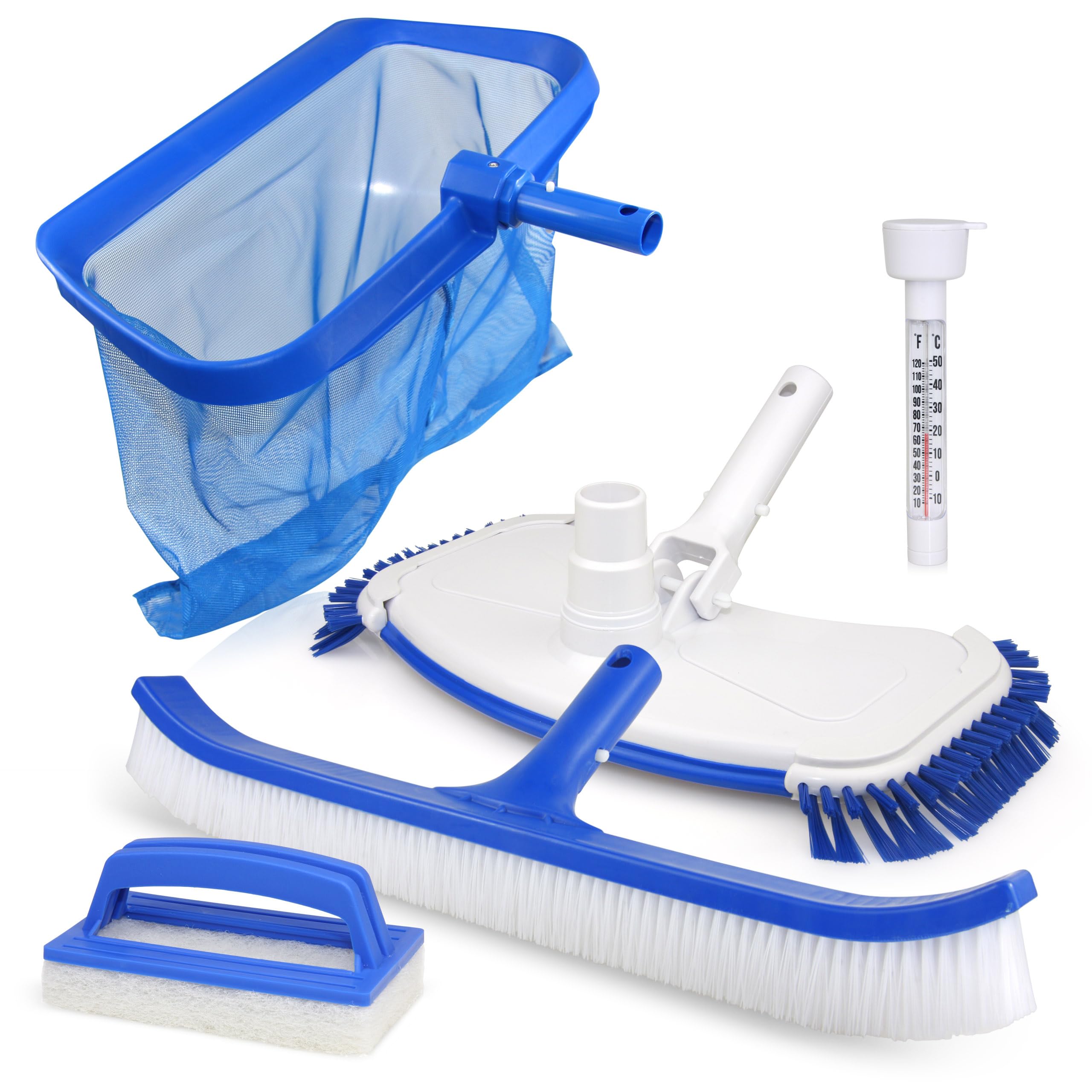 BAYZID Pool Zubehör Set Premium 5 in 1 – Komplettset für Poolreinigung mit Bodensauger, Kescher, Bürste & Thermometer – Pool Reinigungsset kompatibel mit Teleskopstange