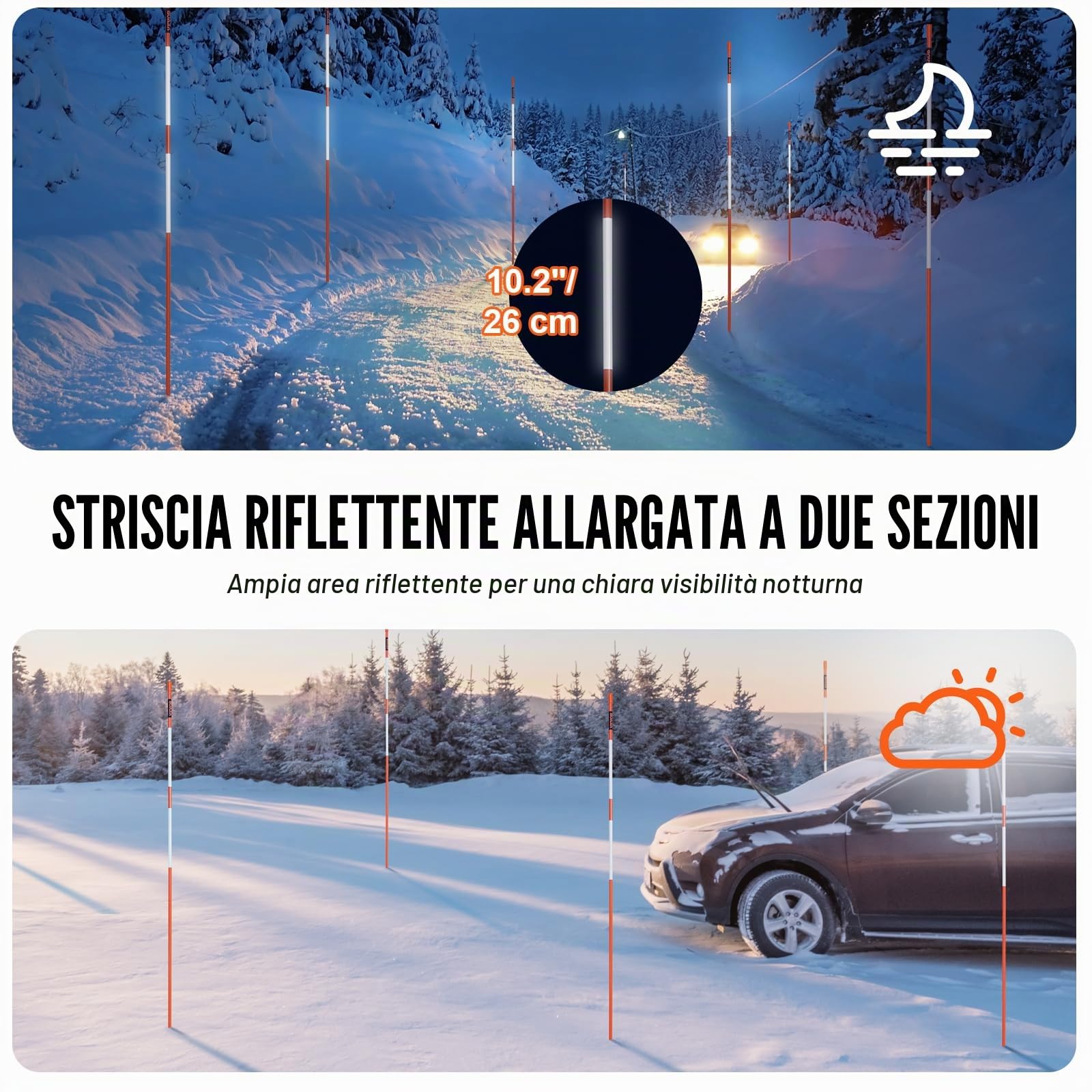 VEVOR Segnalatori per Passo Carrabile, 100 Pezzi 0,78x121,5 cm, Pali Marcatori da Neve in Fibra di Vetro Arancione Pali da Neve con Nastro Riflettente, Striscia Riflettente ad Alta Visibilità 121,5 cm