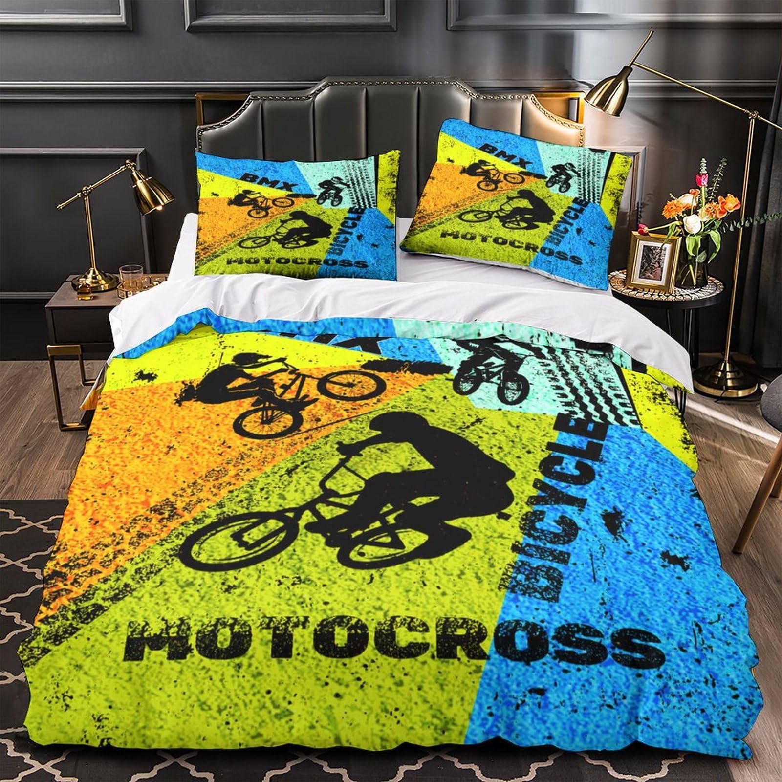 Housse de couette microfibre hypoallergénique ultra douce 220x240cm motif vélo BMX Street
