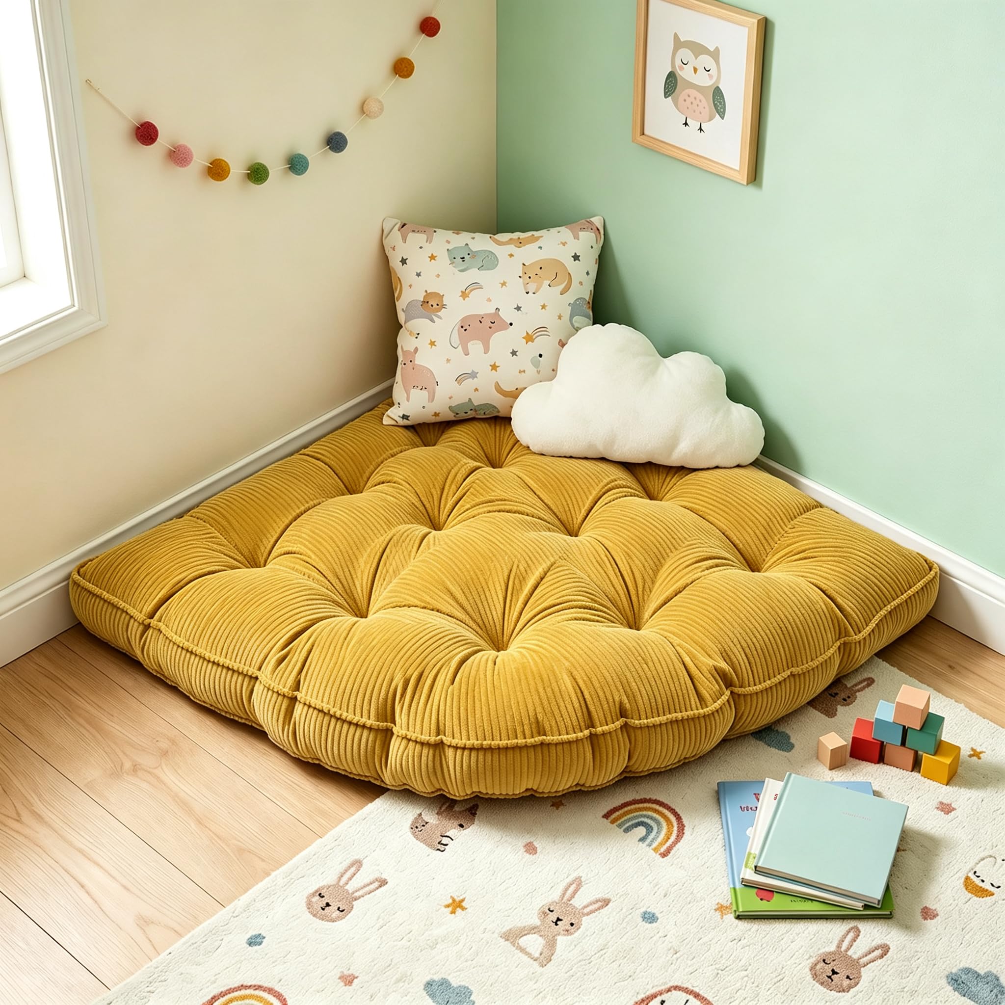 ShowyLive Large Corner Floor Cushion, 100x100cm Radius Kids Floor Pillows