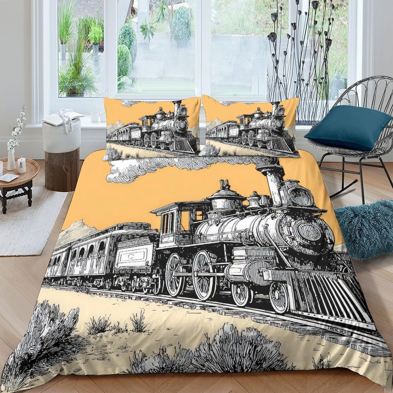 Ctjqhvkz Style-3 3D Printed Vintage Steam Train Fitted Sheet Microfiber Yellow Railway Bed Cover For Bedroom Dorm Mattress Decor Single（135X200cm）