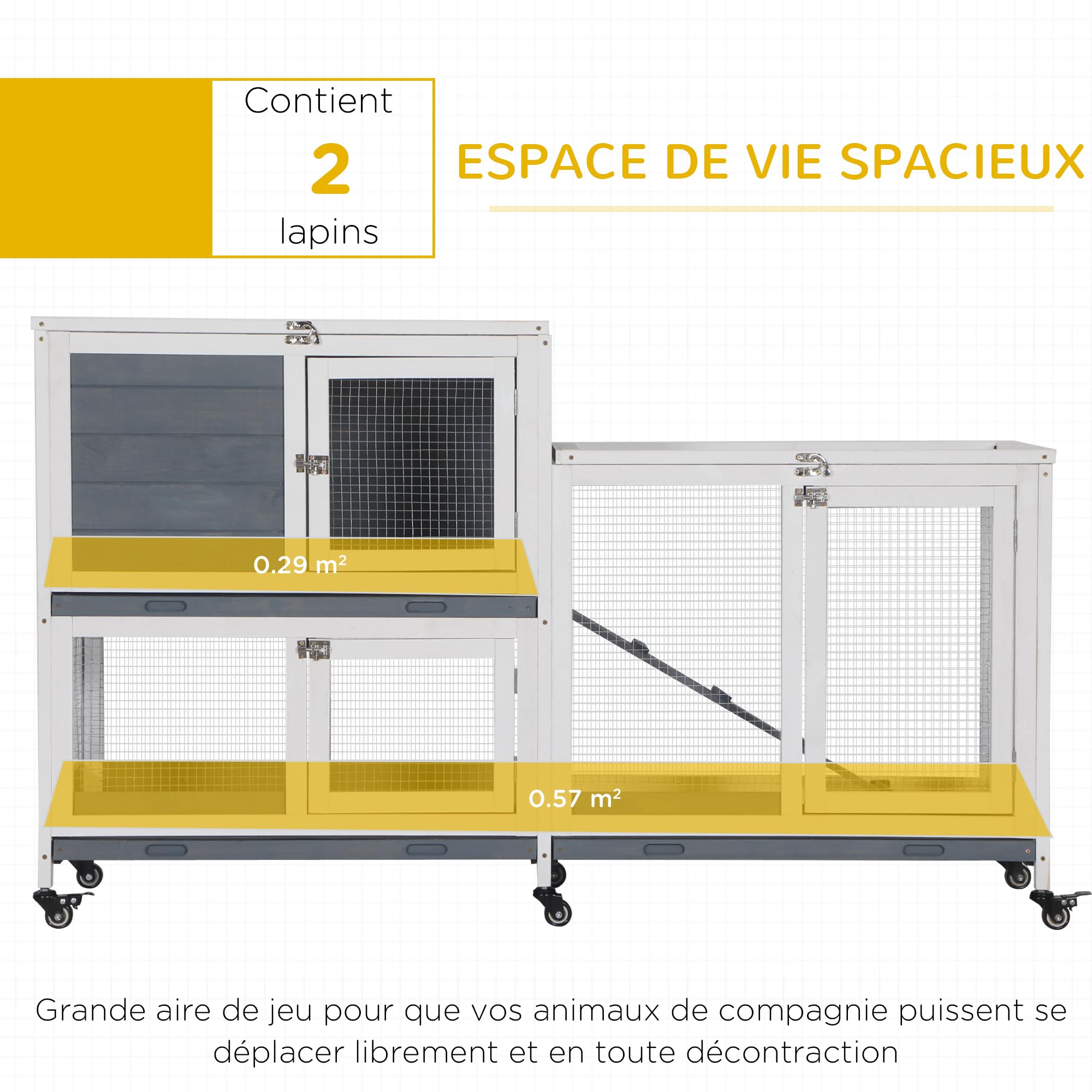 PawHut Clapier à Lapin en Bois sur roulettes 147 x 45,5 x 88,5 cm Cage à Lapin à 2 Niveaux avec Toit ouvrant 3 Plateaux Amovibles 3 Portes avec loquet et Rampe Gris
