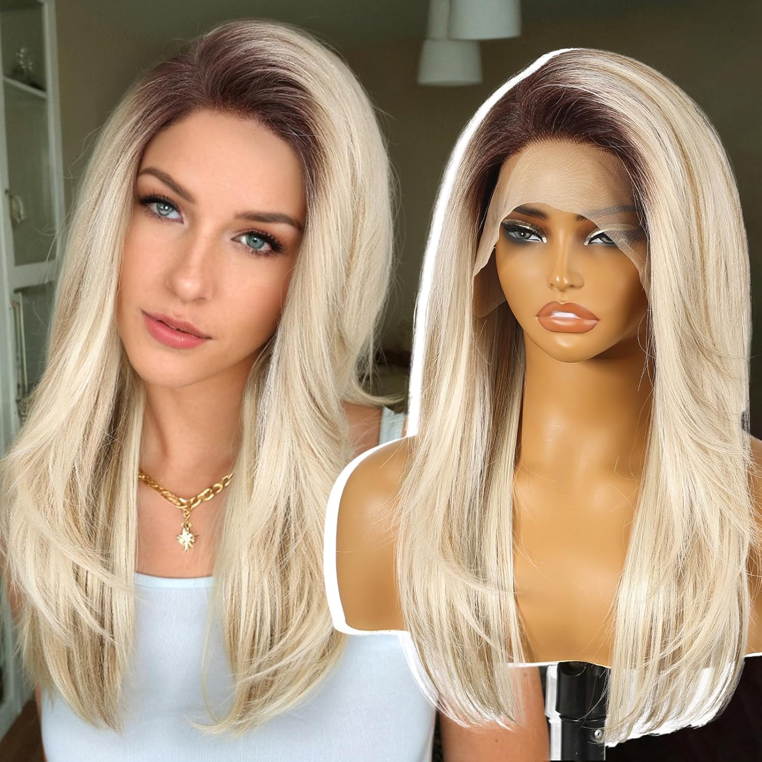 Blonde Lace Front Wigs Human Hair Long Straight Layered Glueless Lightweight with Bangs for Women Daily Use (Blonde,22 Inch)