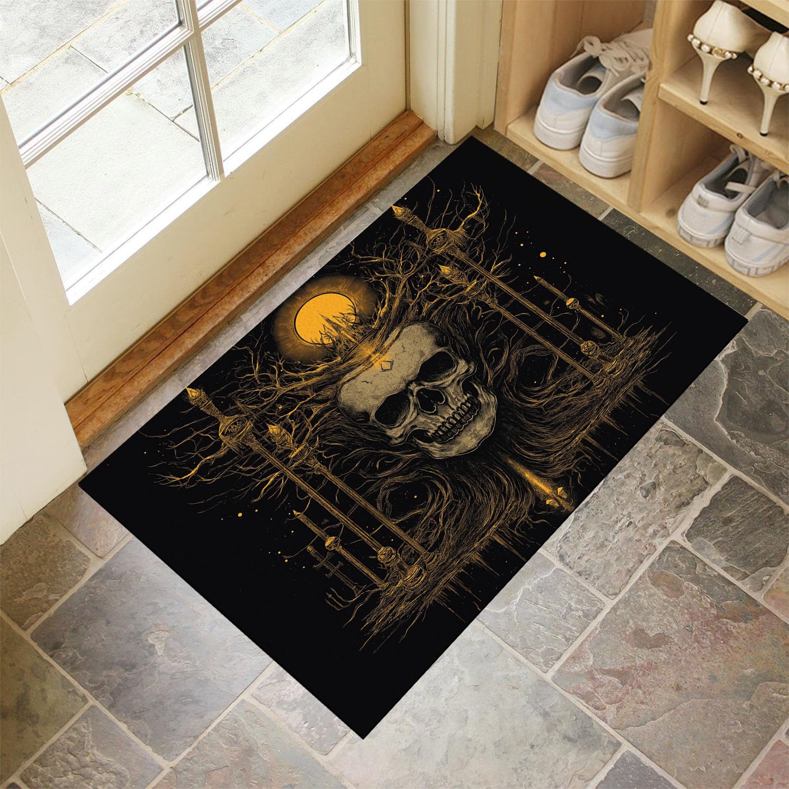 Paillasson d'intérieur 90x150 cm crâne doré tapis d'entrée lavable
