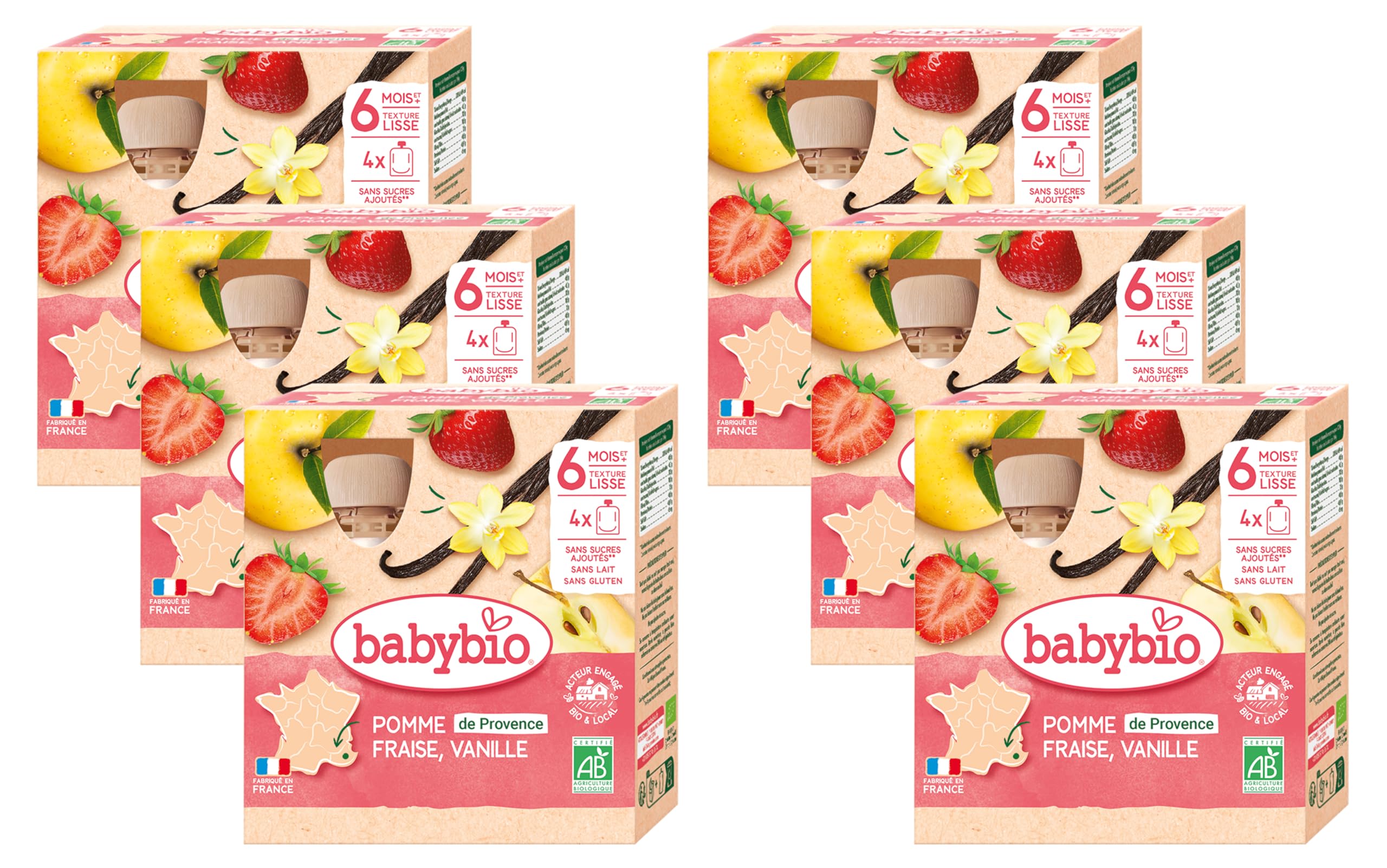 BABYBIO - Gourdes Pomme Fraise Vanille - BIO - 4x90g - Lot de 6