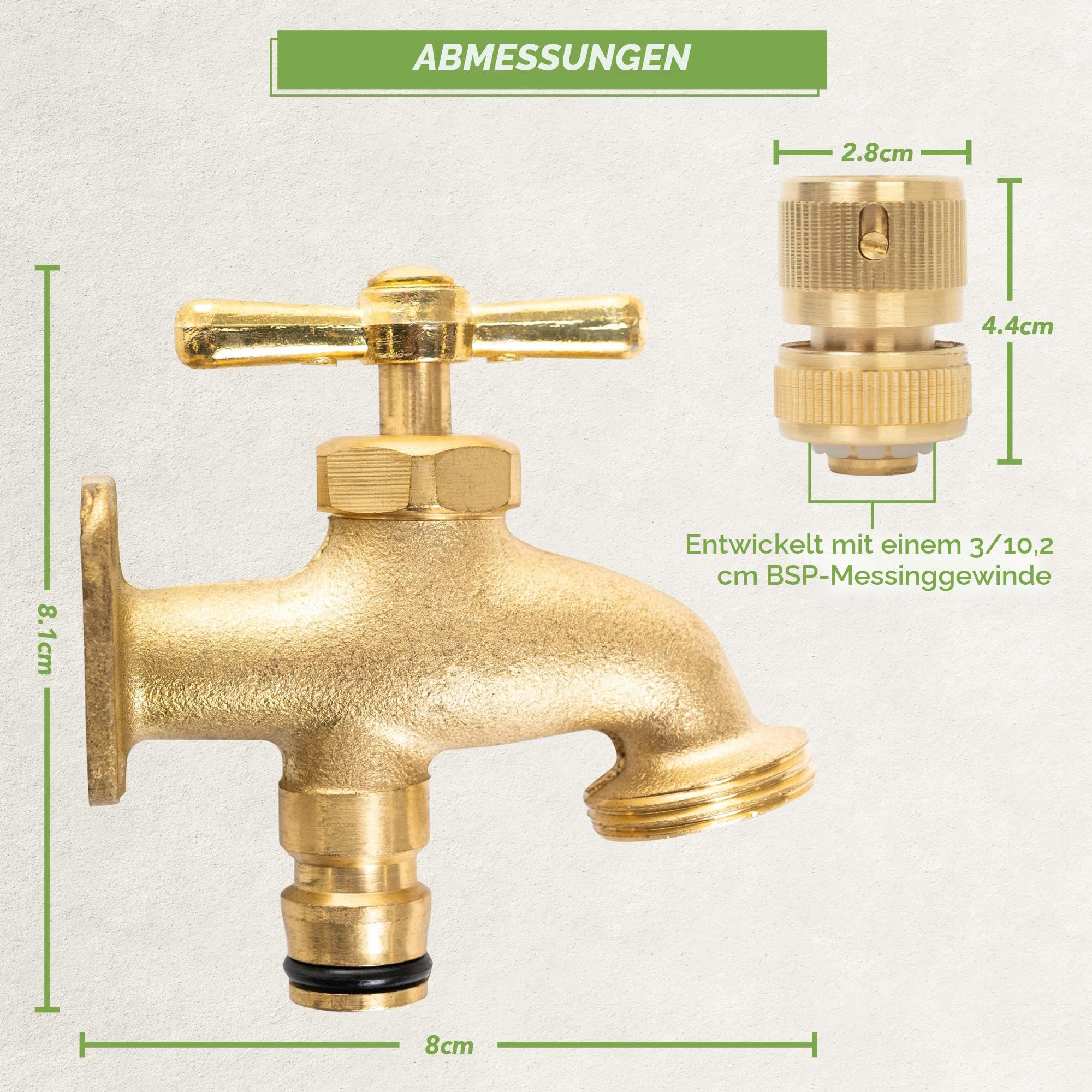 BLOSTM Wasserhahn Garten aus Messing - Wasserhahn Aussen mit Schlauchhahn 1/2 Zoll Schnellverbinder, Schrauben & Dübel - Gardena Schlauch Hahn mit Schlauchanschluss für Schrebergärten & Ställe