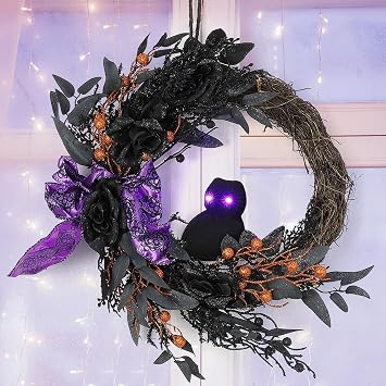22 Inch Halloween Wreaths, Halloween Owl Wreath with Lighted Eyes, Prelit Black Halloween Wreath with Willow Leaves Ribbon for Front Door Wall Indoor Outdoor Home Decor