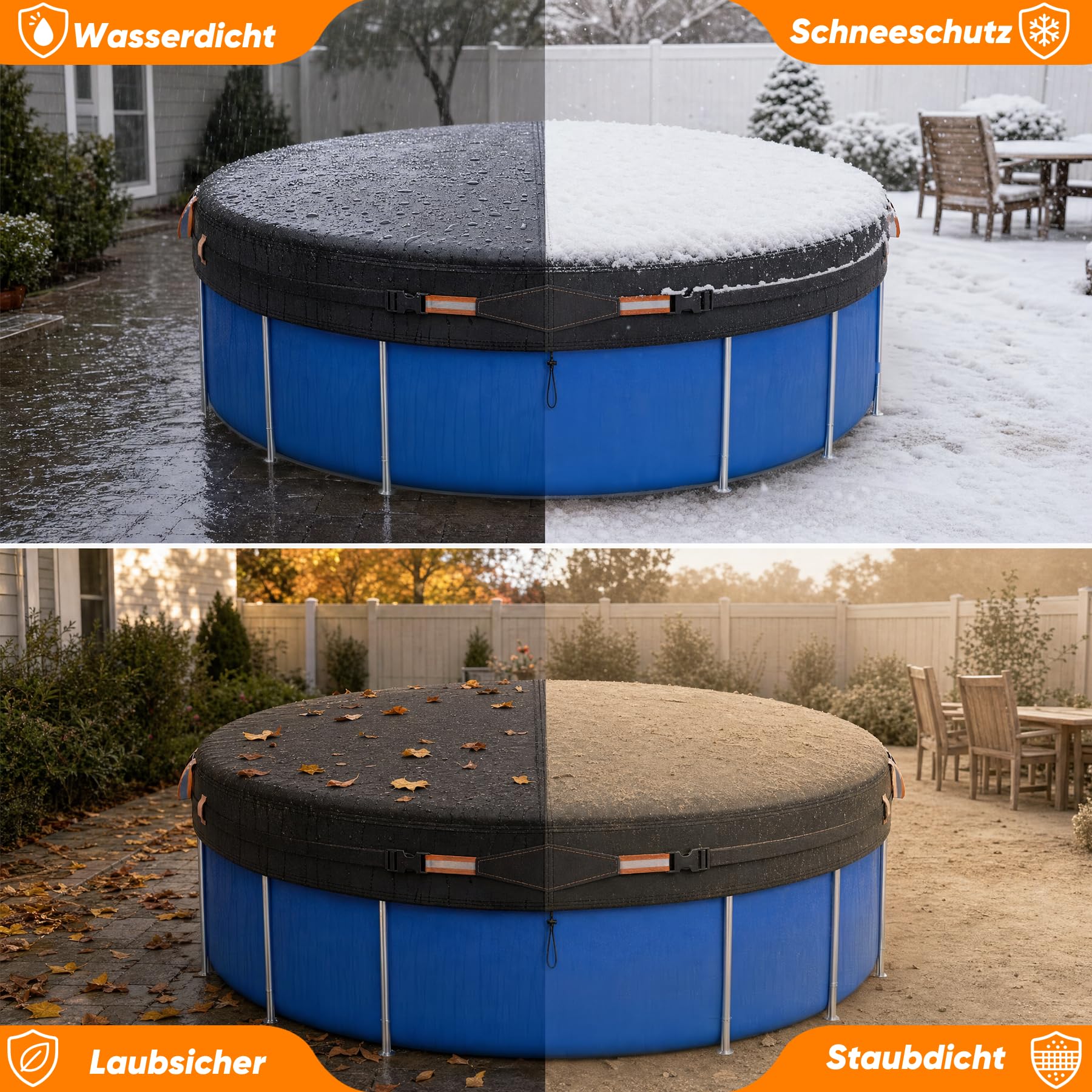 Poolabdeckung Rund, Sommer-Poolplane aus hochwertigem Oxford-Gewebe für runden Aufstellpool, mit Steckschnallen & Kordelzug, Ø 305cm (10FT)