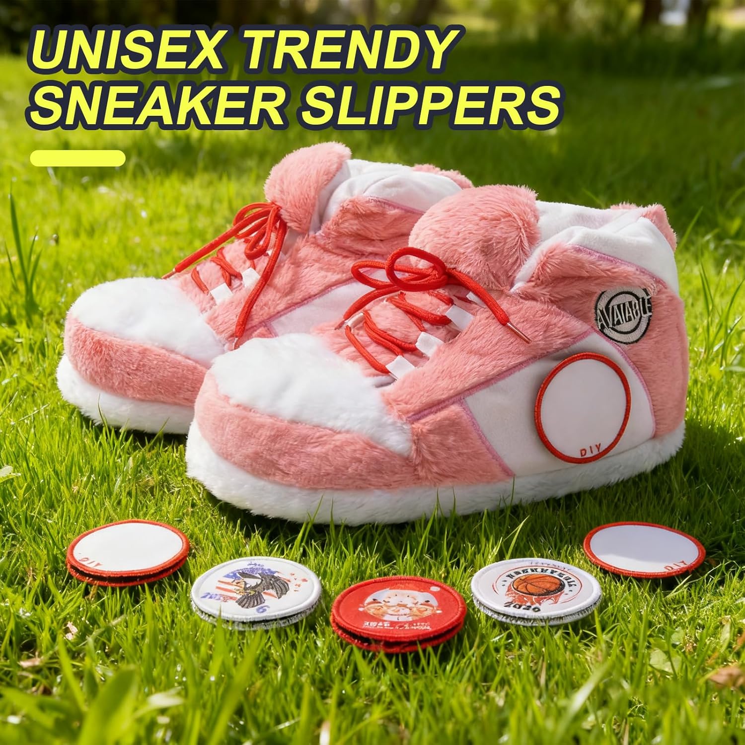 AVAIABLE Sneaker Slippers, Funny Home Pantuflas for Women & Men Comfy Furry Warm Fluffy, Non Slip Sole, Unisex One Size Fits Most, With 5 Pairs Replaceable Decor Embroidered Patches - Image 2