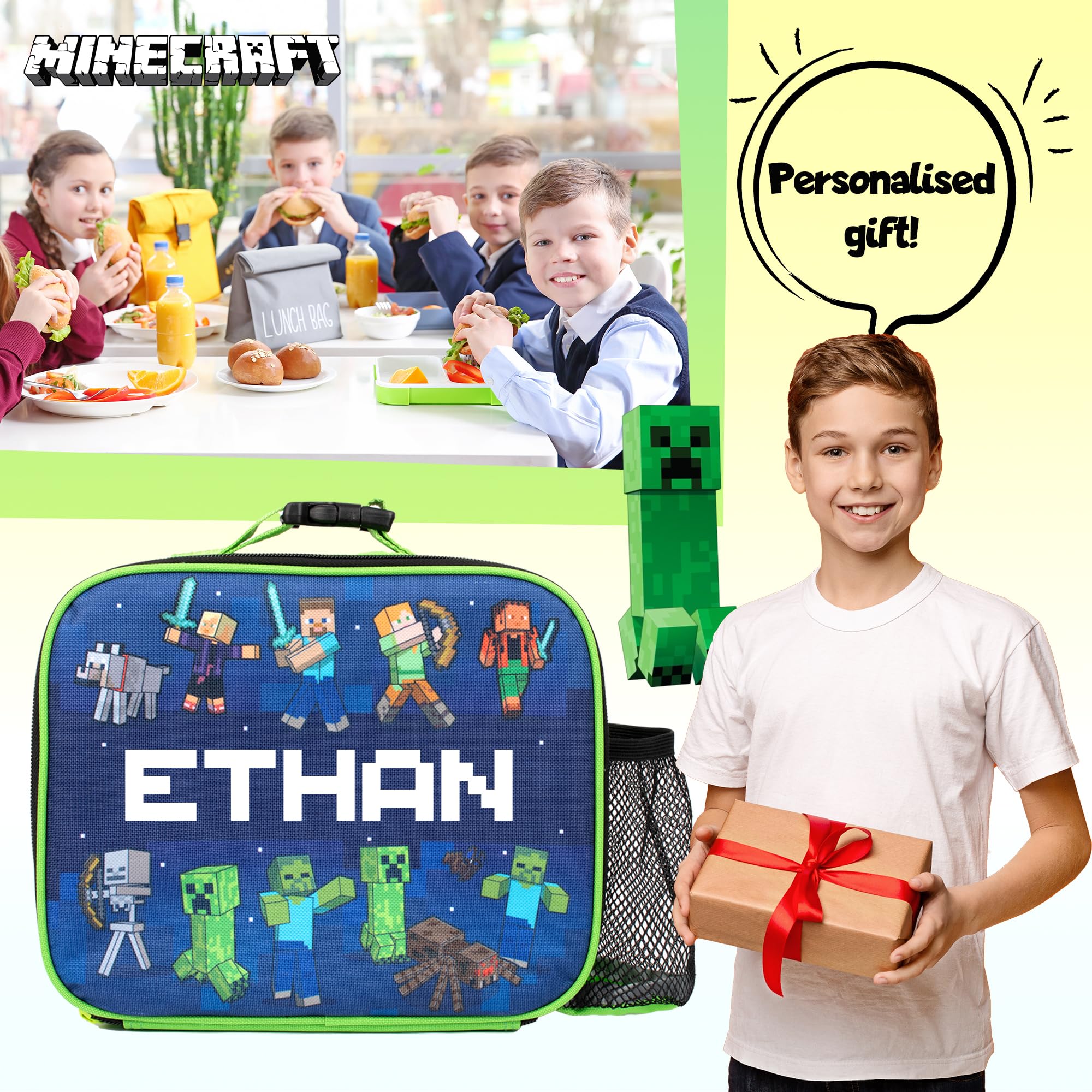 Minecraft Sac à déjeuner personnalisé pour enfants – Sac à goûter isotherme pour garçons et filles – Personnalisation du nom – Bleu foncé