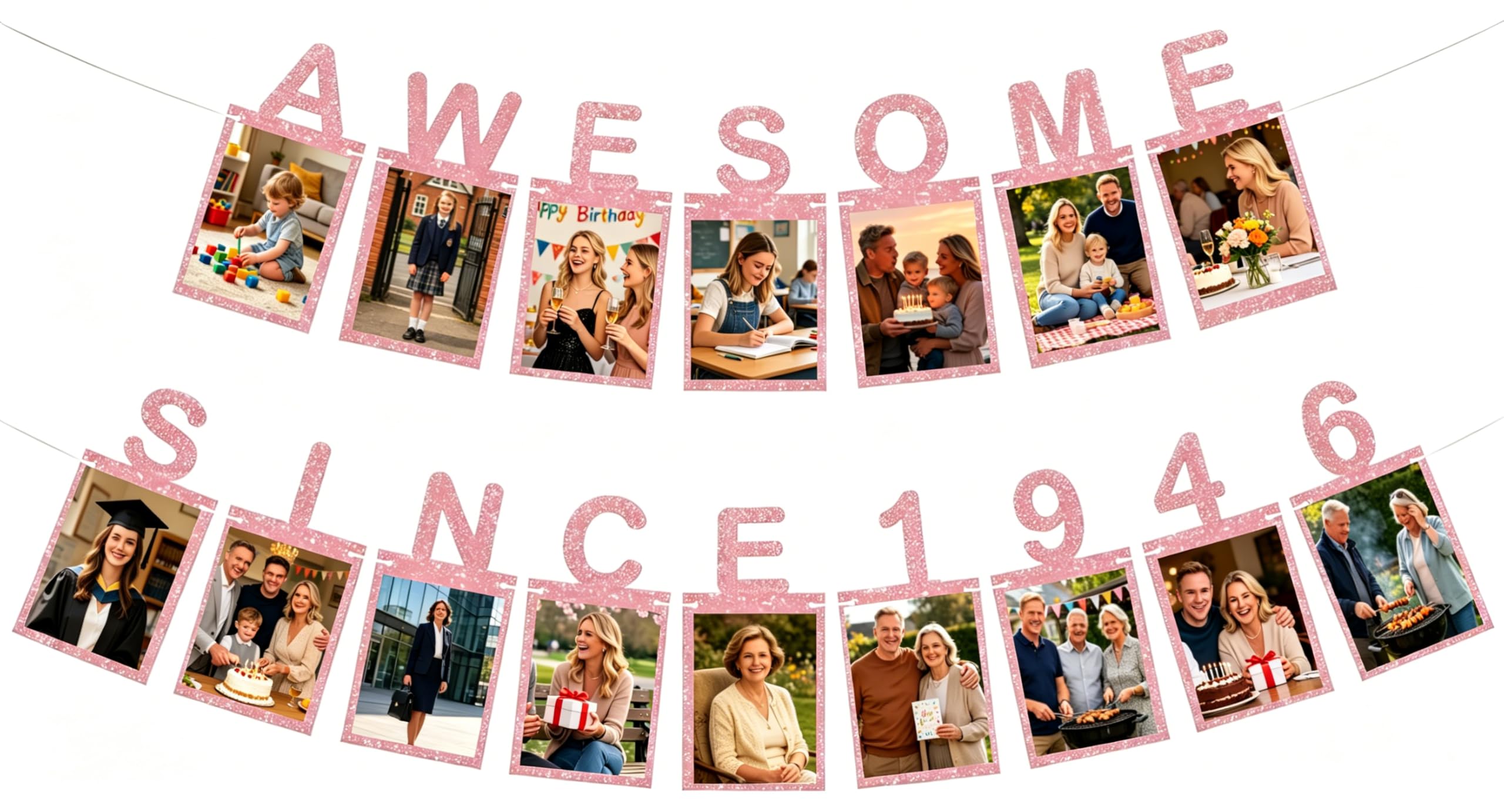 Rose Gold Happy 80th Birthday Decorations Photo Banner - Awesome Since 1946 Anniversary Milestone Bunting