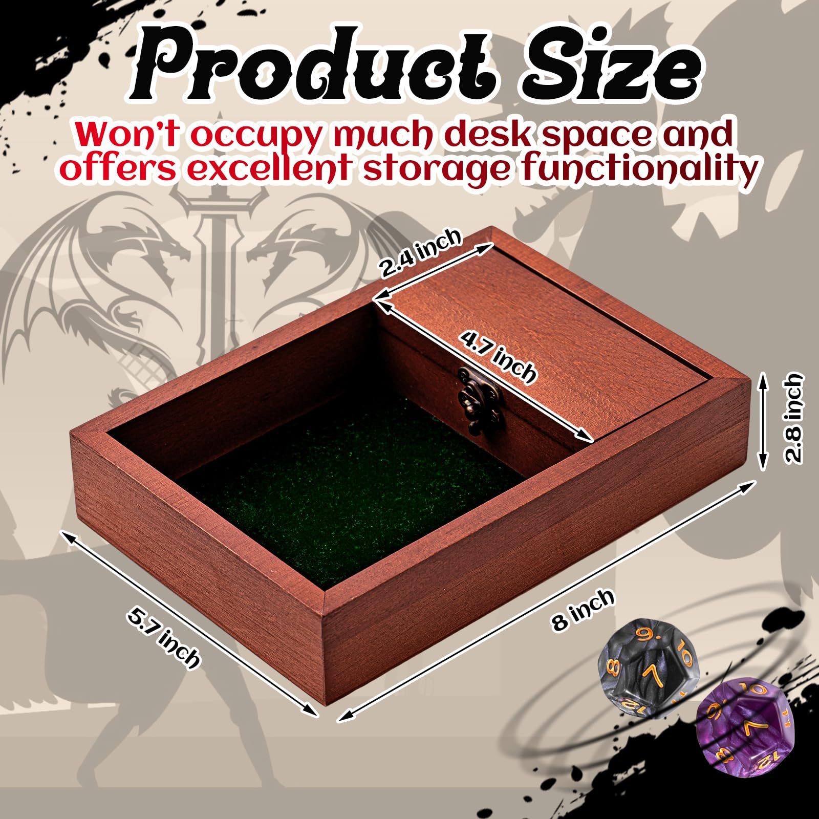 Threehoney Bandeja de dados de madera para rodar con almacenamiento de dados de 5.5 x 8 pulgadas, caja de dados de bóveda de metal que asegura la tapa, bandeja de dados para juegos de mesa de viaje,