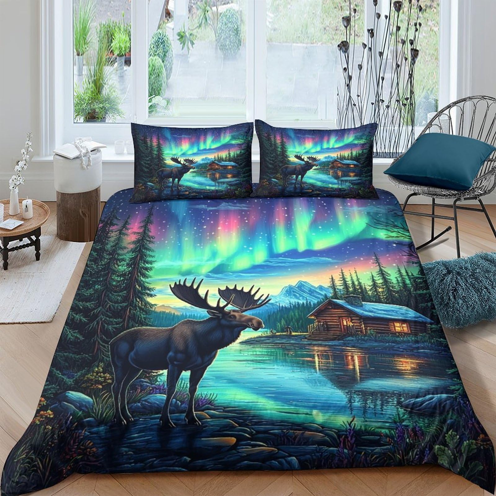 GPLZQXKJNH 3D Printed Aurora Forest Moose Duvet Cover Microfiber Soft Breathable Nordic Night Bedding Set with 2 Pillowcases for Bedroom Decor, Single（135x200cm）