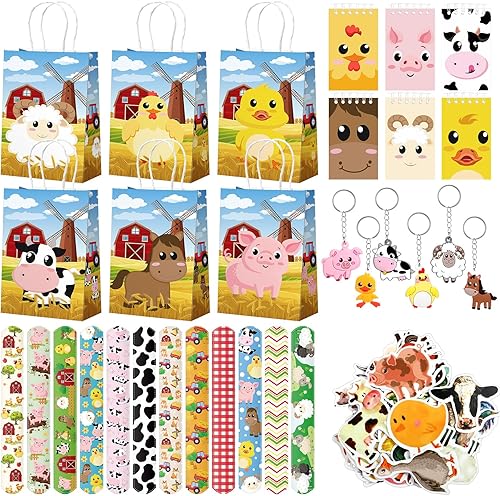 Mooliwe Juego de 48 piezas de recuerdos de fiesta de animales de granja, 12 suministros de fiesta de cumpleaños de granja, bolsas de papel de