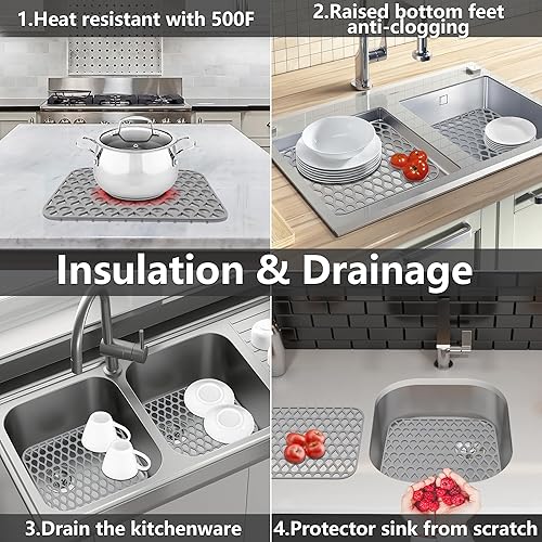 Miniatura 6 de Protectores de fregadero para fregadero de cocina, tapetes de fregadero de 13.58 x 11.6 pulgadas, 2 alfombrillas de silicona para fregadero de
