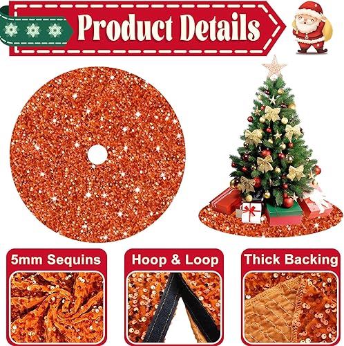 Miniatura 4 de Faldas de árbol de Navidad con purpurina de 21 pulgadas, falda de árbol de Papá Noel con lentejuelas naranjas, tapete de terciopelo para árbol de