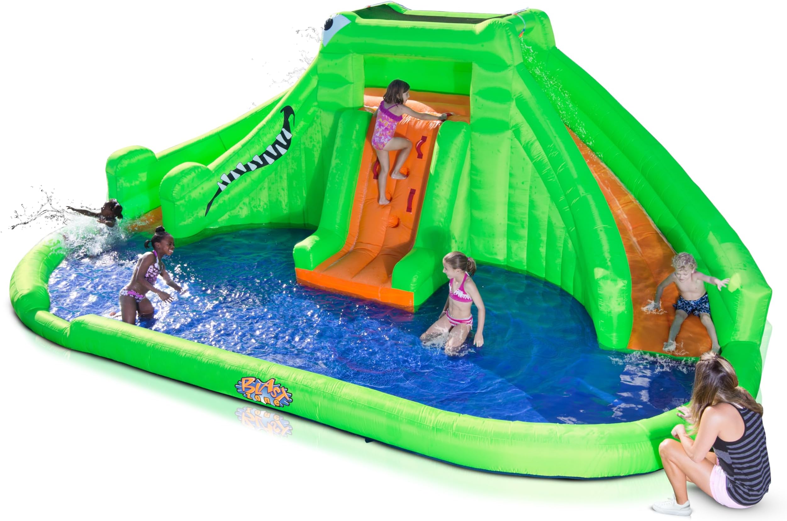 Crocodile Isle - Huge 22x14 Inflatable Water Park - Dual Curved Slides - Splash Area - Climbing Wall - Blower