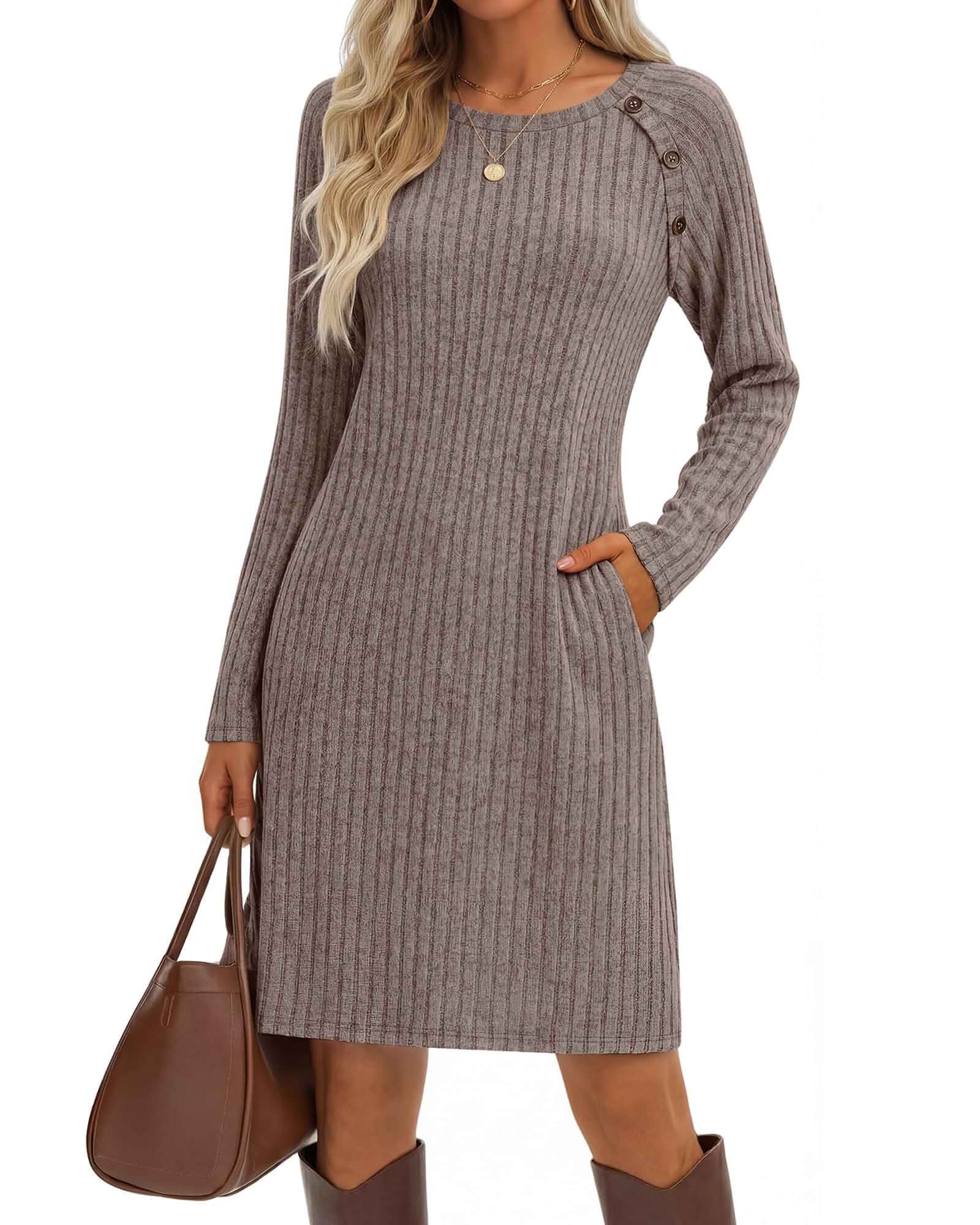 Women's Long Sleeve Sweater Dress Fall Sweater Dress, Ribbed Knit, Tunic Dress with Pockets, Crew Neck, Loose Fit, Autumn Clothes