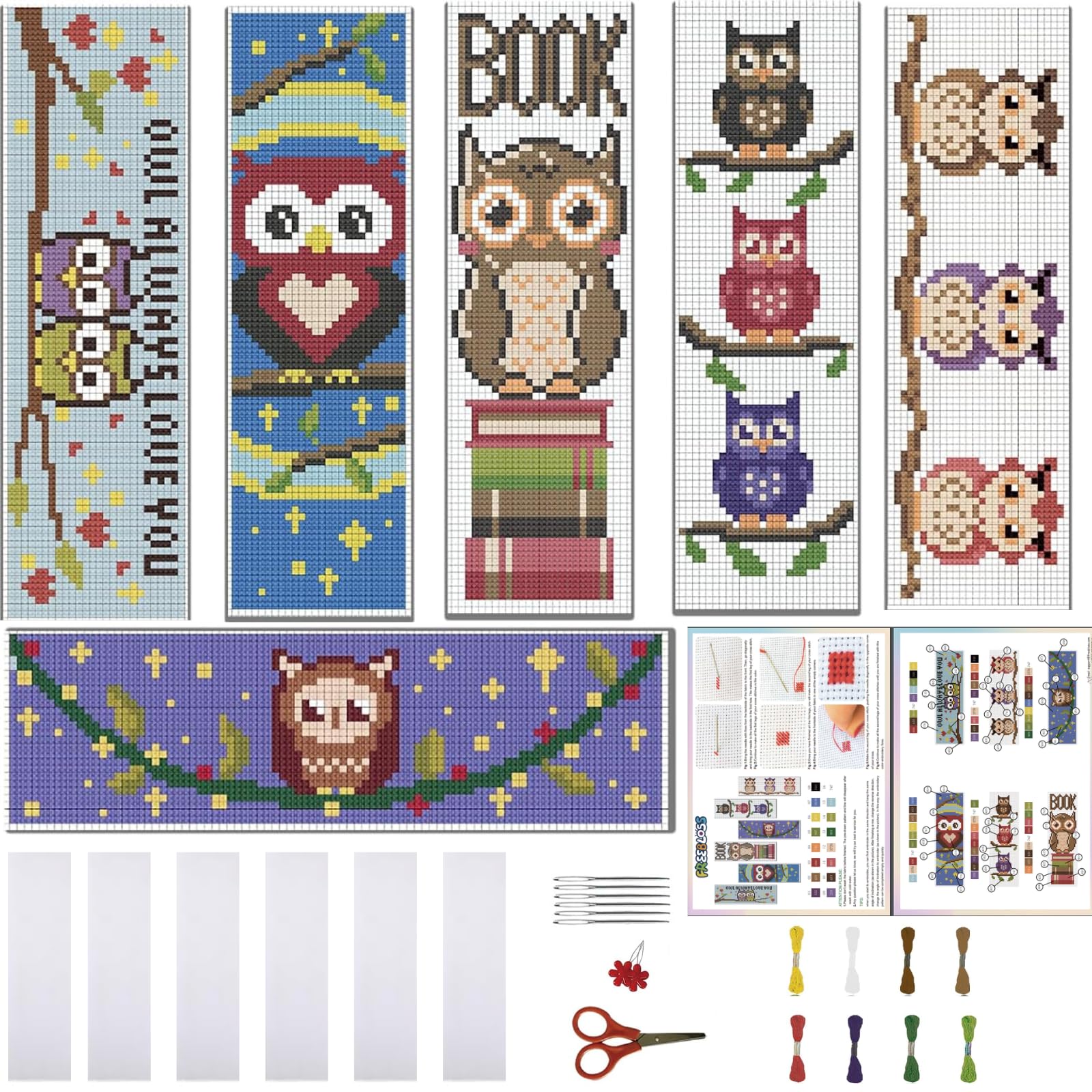 Kit Broderie 6 Marque-Pages Point De Croix Paysage Et Chat - Kit Complet à Faire Soi-Même