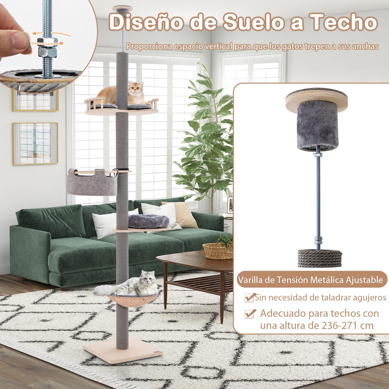 GOPLUS Árbol de Gato de Suelo al Techo, Altura Ajustable 236-271 cm, Grande Árbol de Gato de 5 Niveles con Poste Rascador Trampolín Cama Tipo Cesta Hamaca
